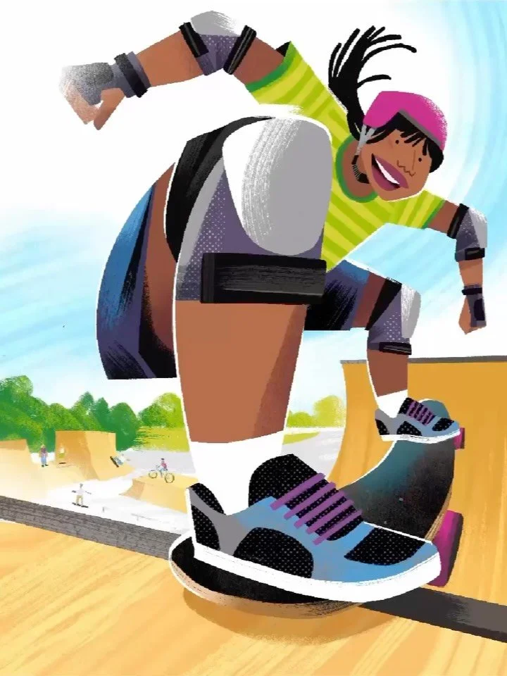 Dropping in on the half pipe! Fifth in my series of skateboarders exploring exaggerated forms and perspectives with artful color and texture. 

Wearing a helmet and pads for @artistrutharmitage 

#illustration #skateboarding #womenwhoskate #halfpipe 