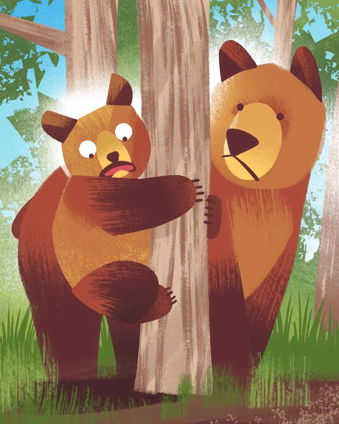 Baby cub is learning to climb but his fear of heights is un-BEAR-able!

Peachtober Day 26: Bear

#peachtober25 #peachtober25bear #illustration #kidlitillustration #childrensbookillustration #bear