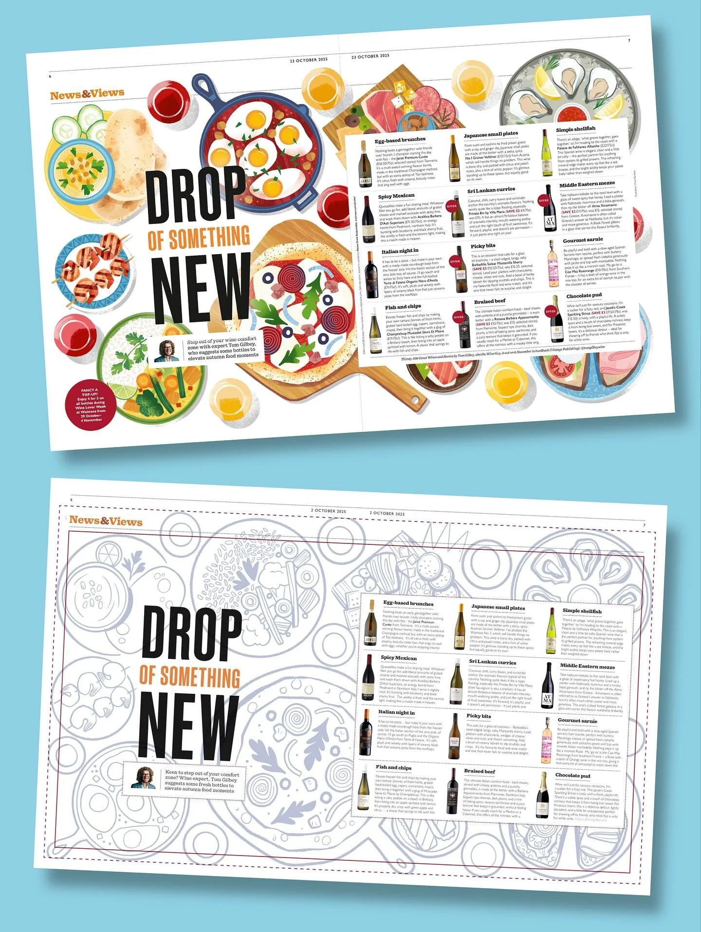 Tasty new illustration for Waitrose &amp; Partners Weekend publication, highlighting adventurous wine pairings for favorite autumn dishes. 

I love illustrating food with clean graphic shapes, bold colors, and artful texture. This one is especially s