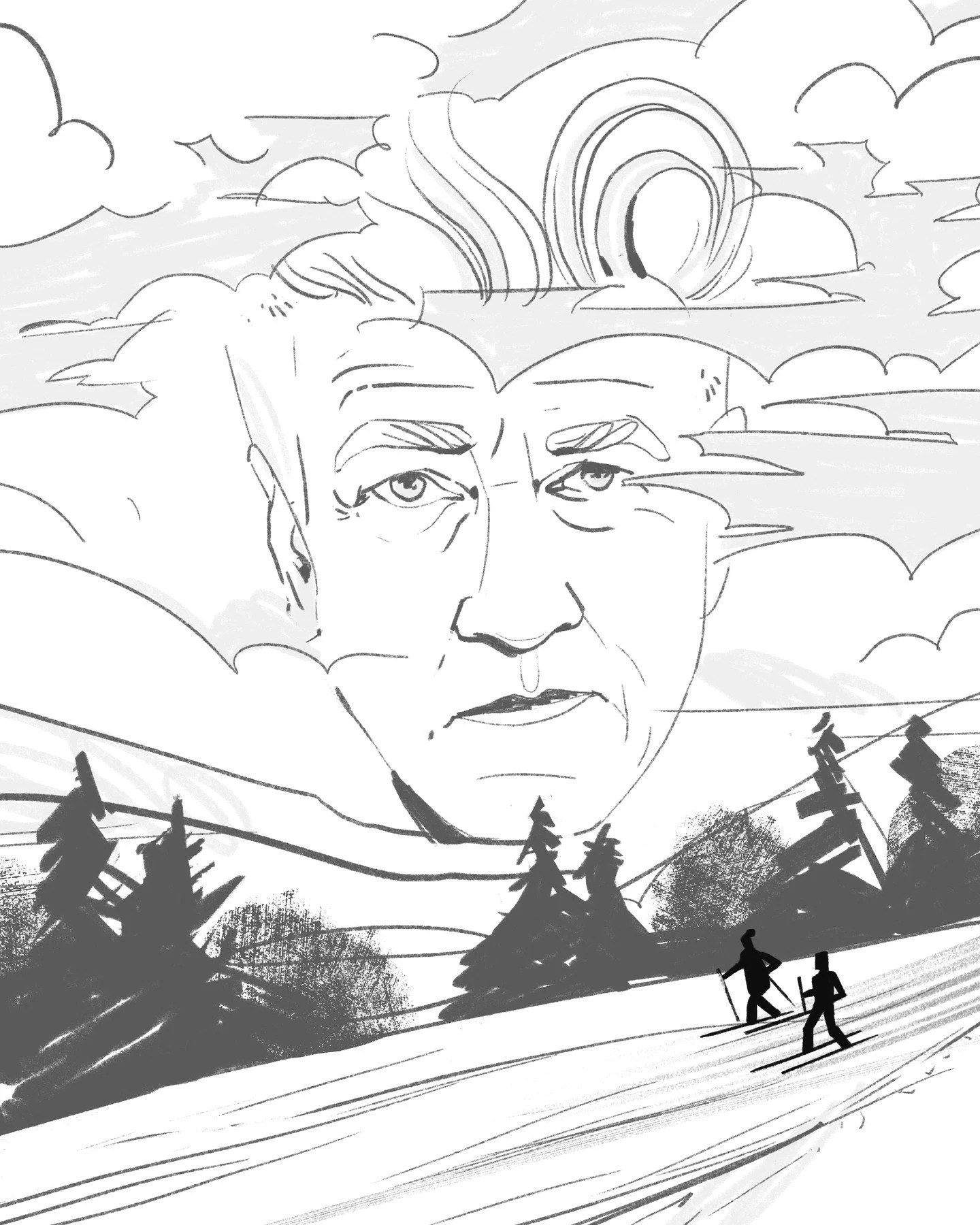 Sketches for an illustration in Cross Country Skier Magazine. Two different takes on an article titled "Last Winter with David Lynch". Which would you run with?