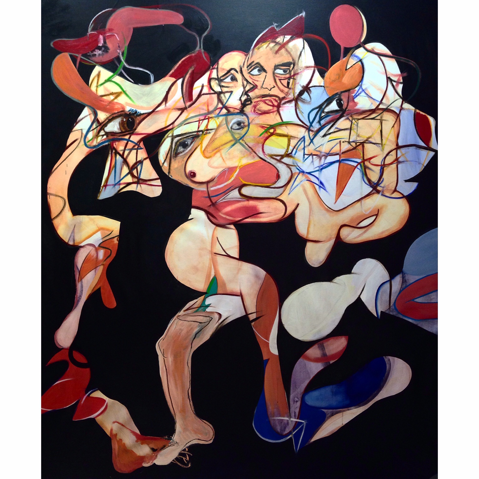 Acrylic, Oil Stick, and Soft Pastel on Canvas 77 x 68 in 197 x 172 cm