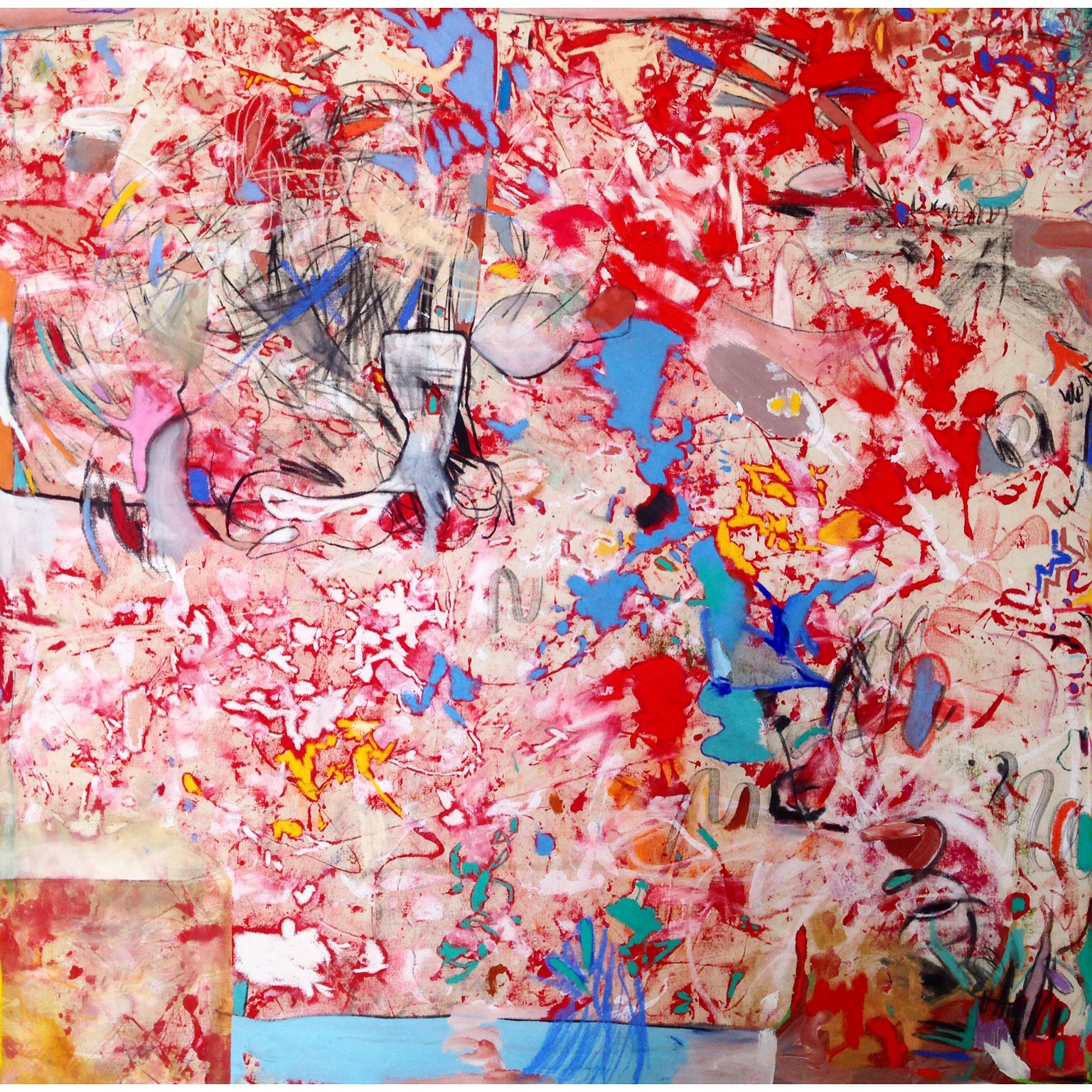 Acrylic, Oil Stick, Soft Pastel, Charcoal, and Pen on Canvas 48 x 48 in 122 x 122 cm