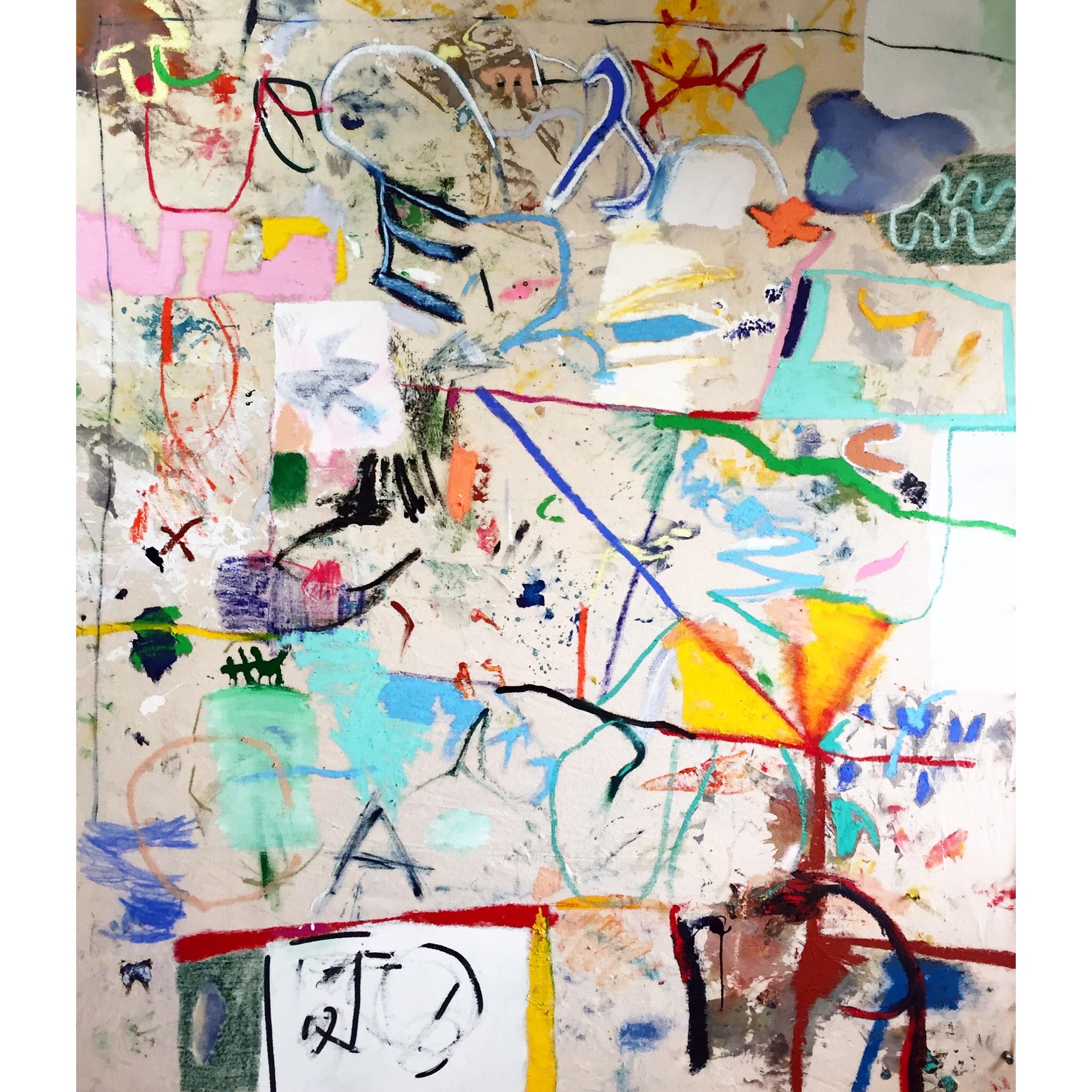 Acrylic, Enamel, Oil Stick, Pen, Marker and Soft Pastel on Canvas 41 x 48 in 122 x 104 cm