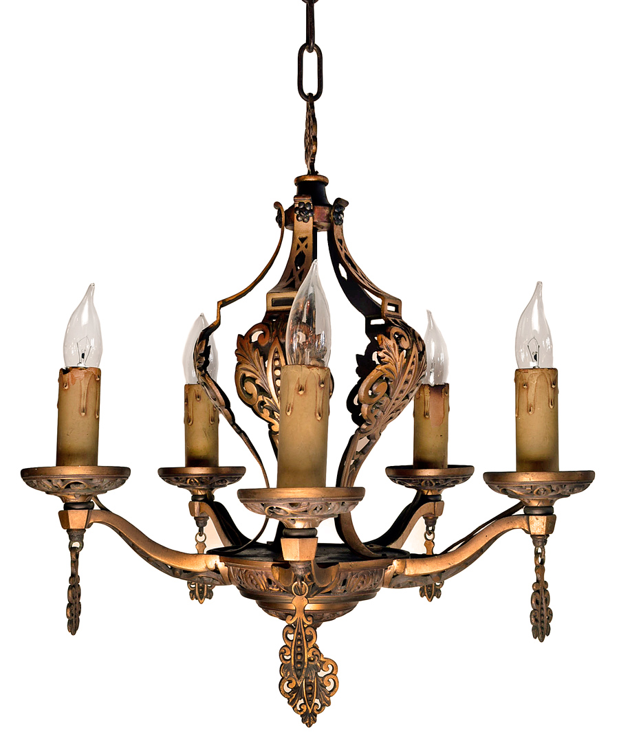 BRONZE FIVE-CANDLE CHANDELIER WITH TASSELS