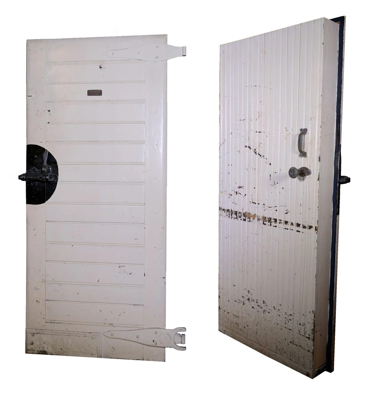 A collection of commercial kitchen items including heavy duty wooden cooler doors, a stainless steel prep unit, and butcher block table perfect for creating an industrial look.