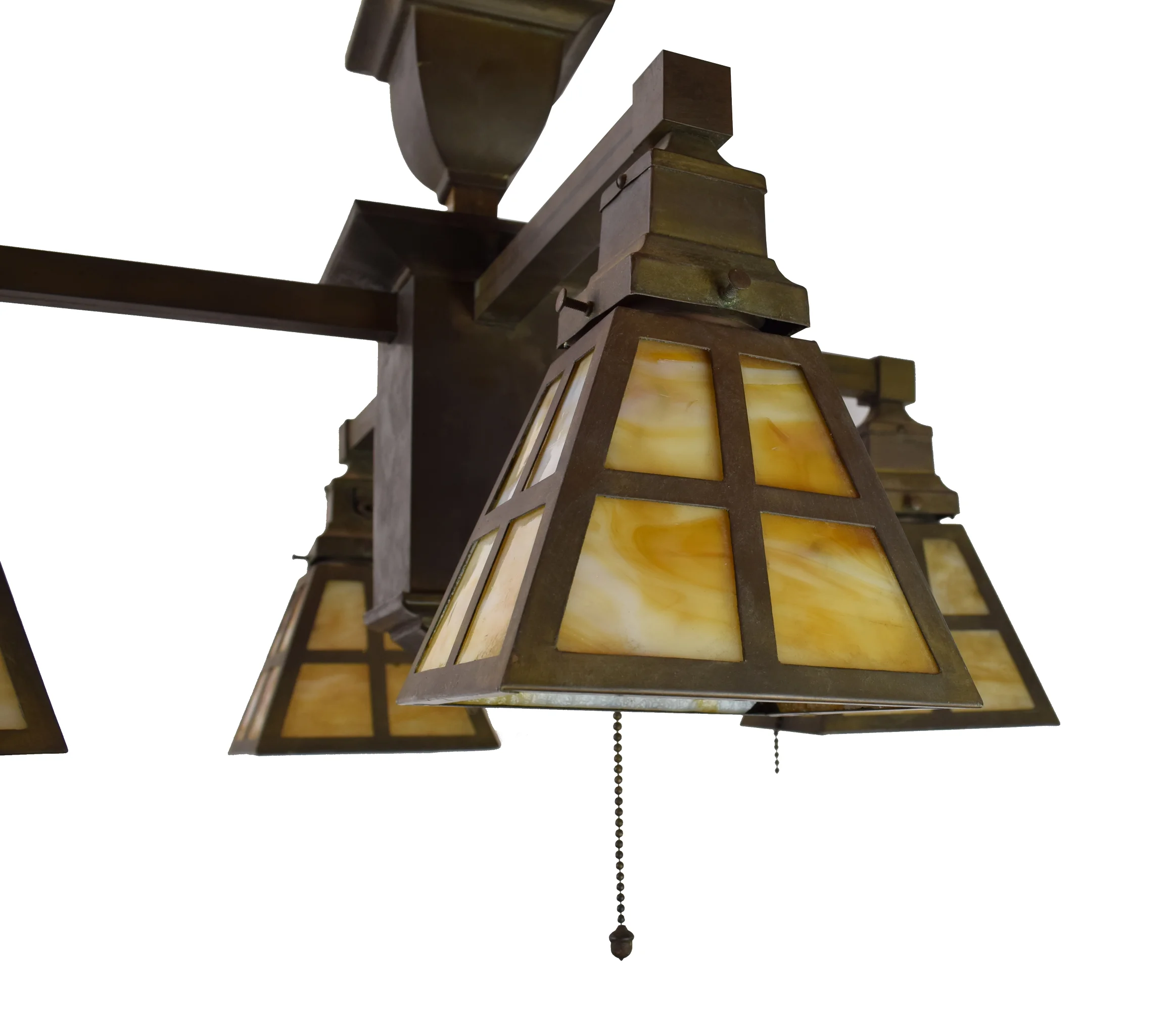 4arm mission brass light with slag glass shades — ARCHITECTURAL ANTIQUES