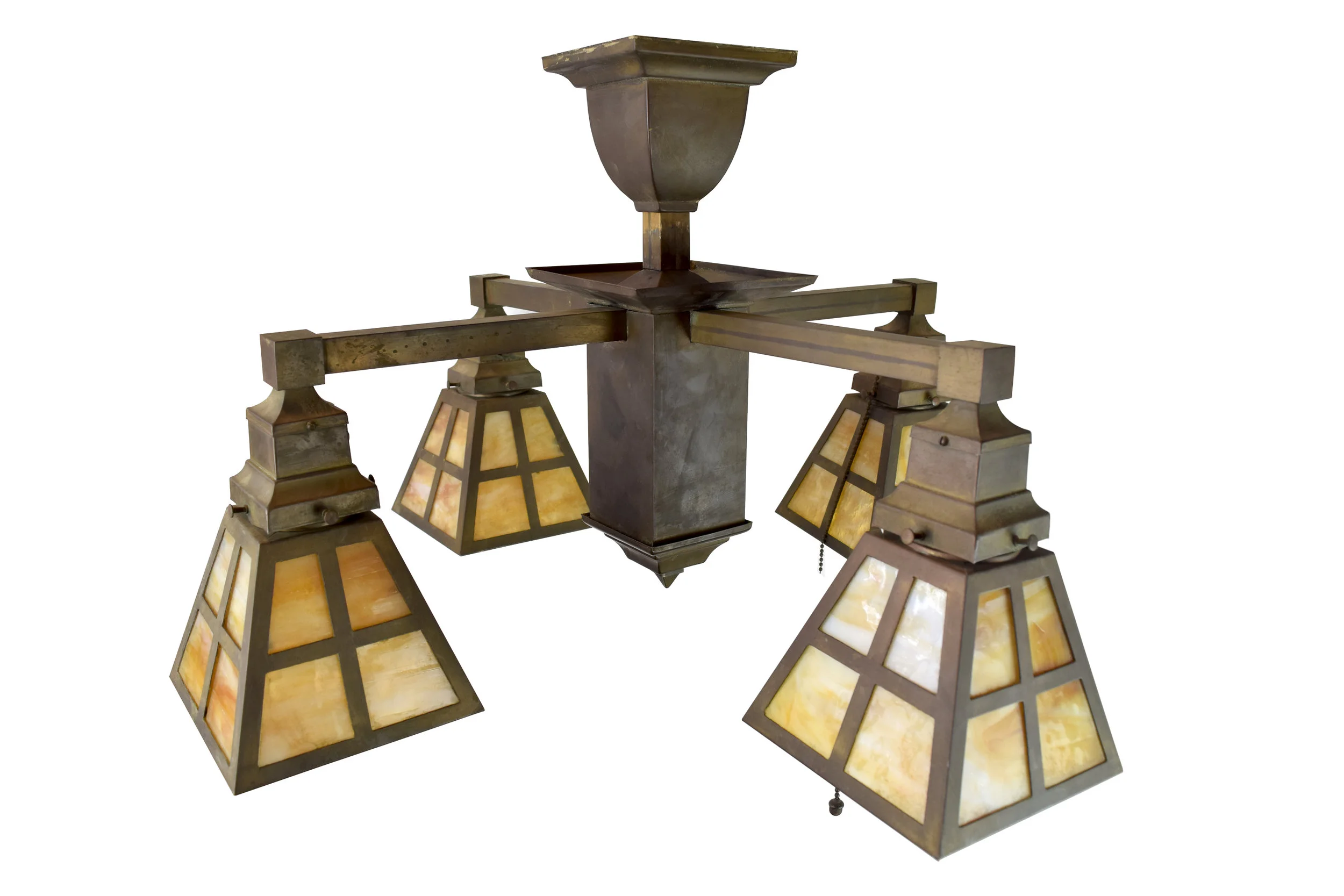 4arm mission brass light with slag glass shades — ARCHITECTURAL ANTIQUES