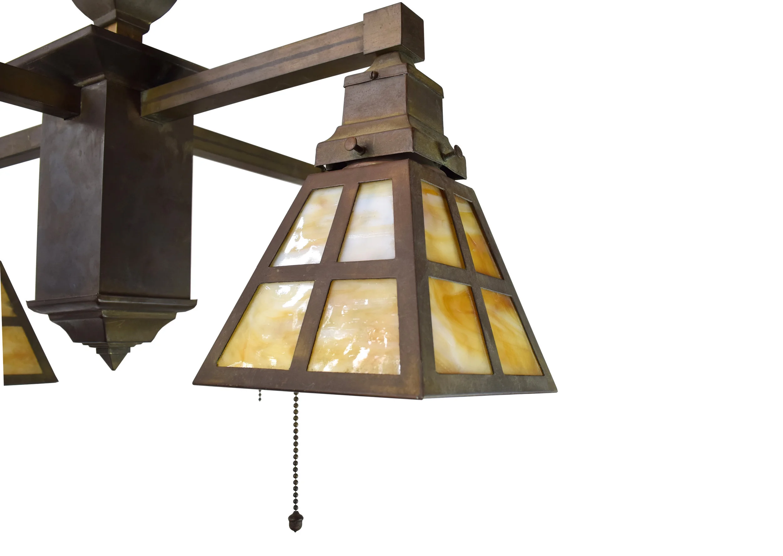4arm mission brass light with slag glass shades — ARCHITECTURAL ANTIQUES