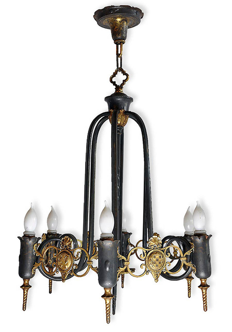 six-light bras and iron gothic chandelier