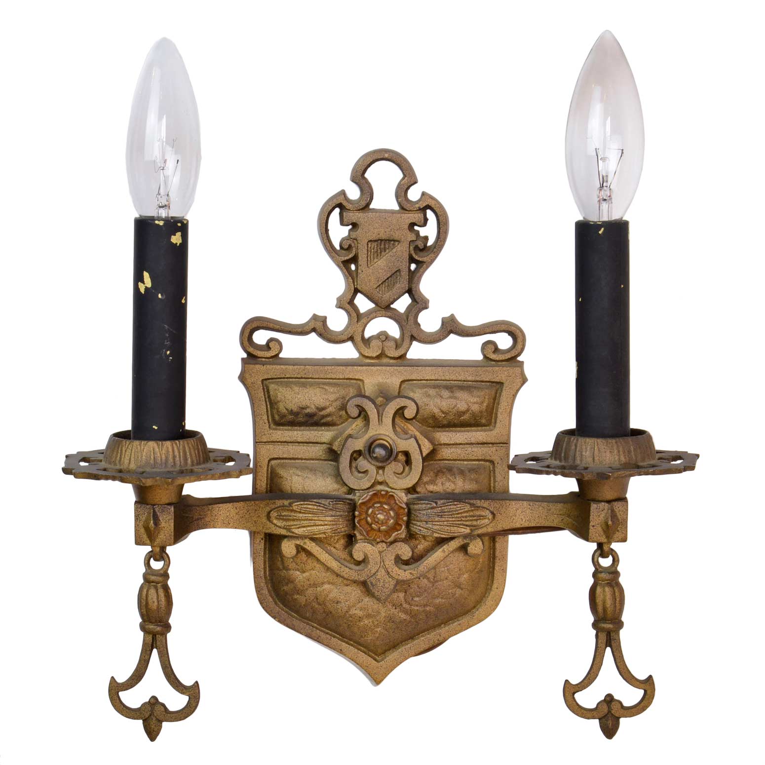 decorative brass two-arm sconce pair with tudor details