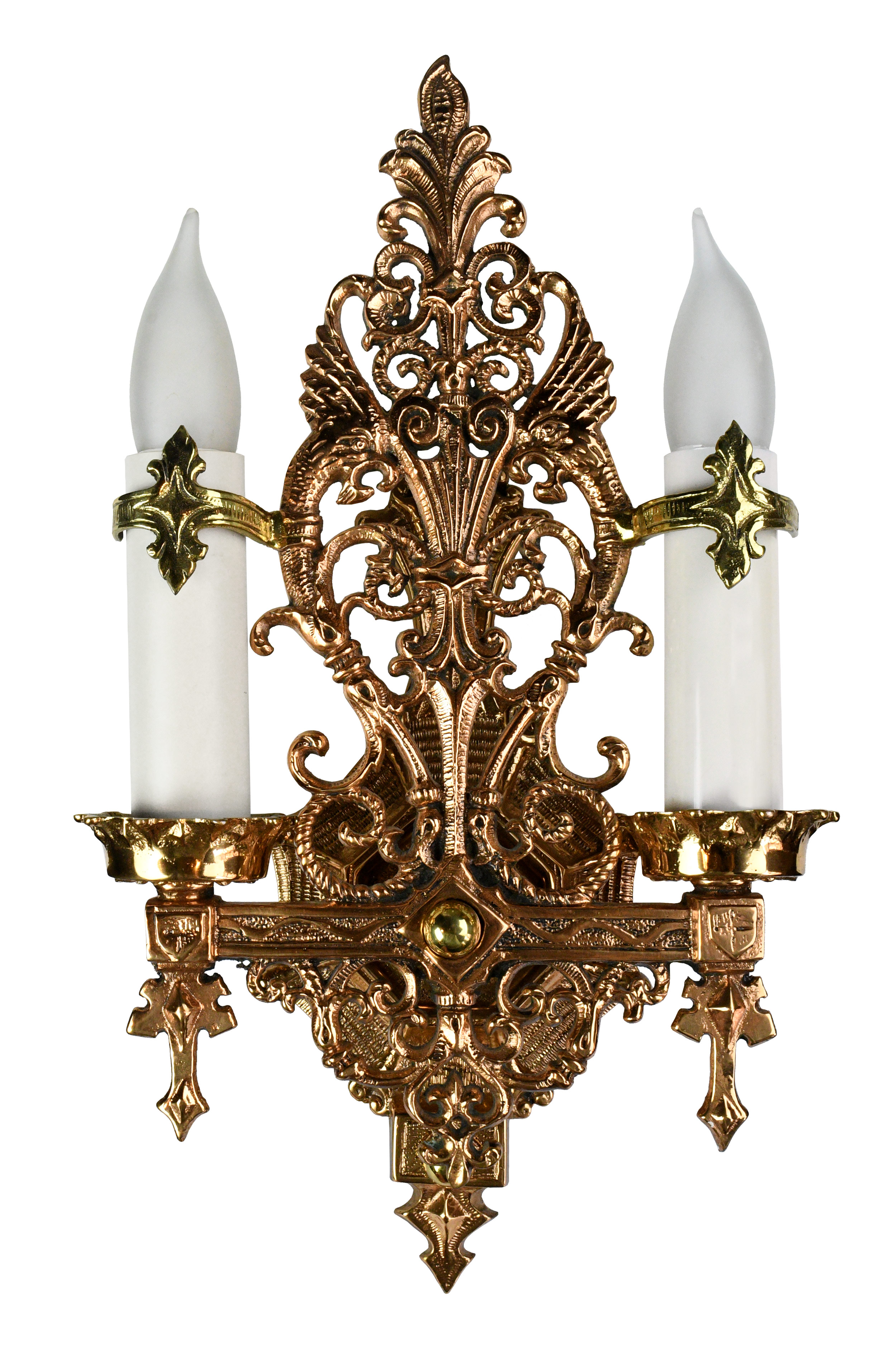 polished cast brass two candle sconce with griffins