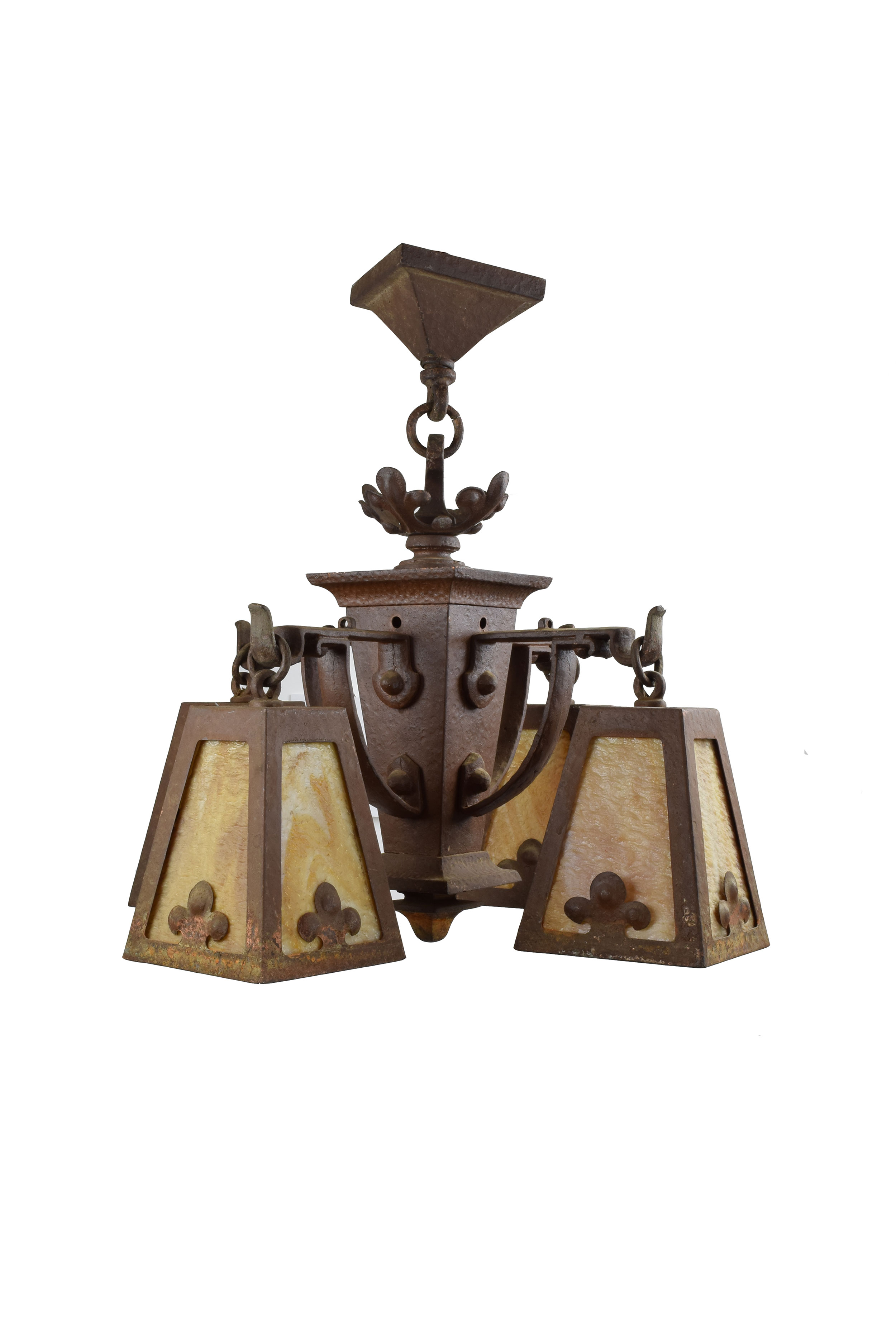 hammered iron chandelier with slag glass shades