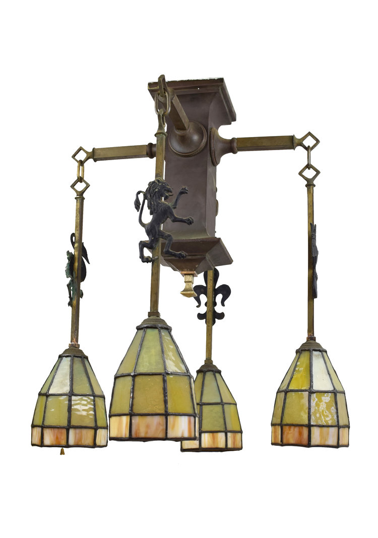 Arts & Crafts Chandelier with Leaded Glass Shades