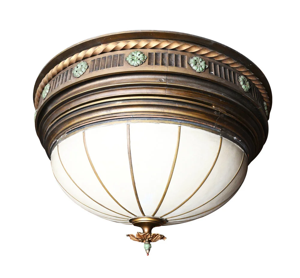 Bent Glass Bowl This over-sized 16 section bent glass bowl is 48 inches in diameter & 16" deep & that's just the glass bowl. Polychromed colors of green, red, and gold around its multi-layered perimeter are all original on this fixture. Ideal for large, lofty spaces flush or from a 4 chained fitter to your dimensions. Amazing large scale illumination in quantity. Limited only by your space size & your imagination, run with the possibilities! THERE ARE 8 OF THESE!