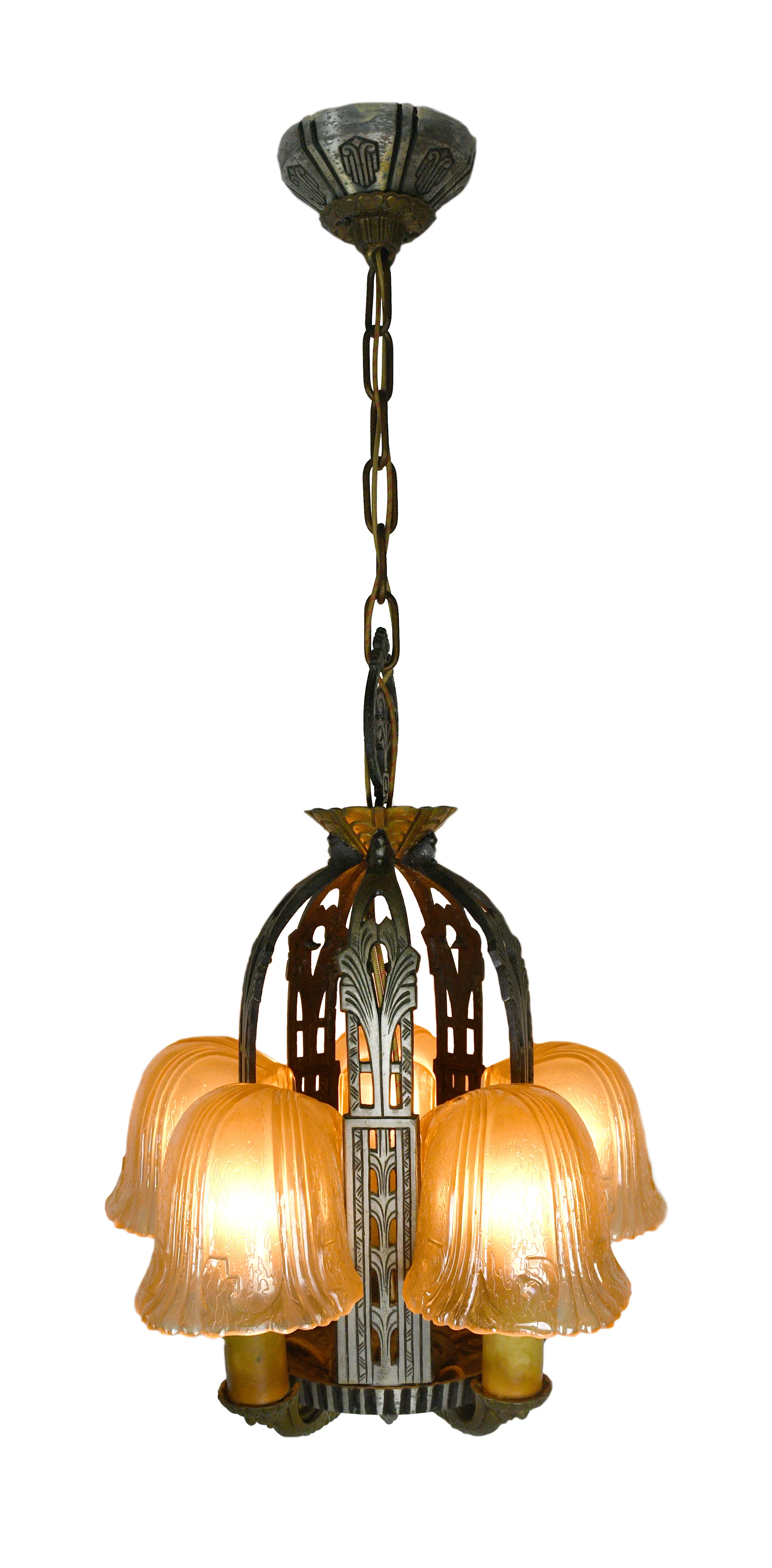 RIDDLE ART DECO 5 CANDLE SLIP SHADE CHANDELIER Click here for more information