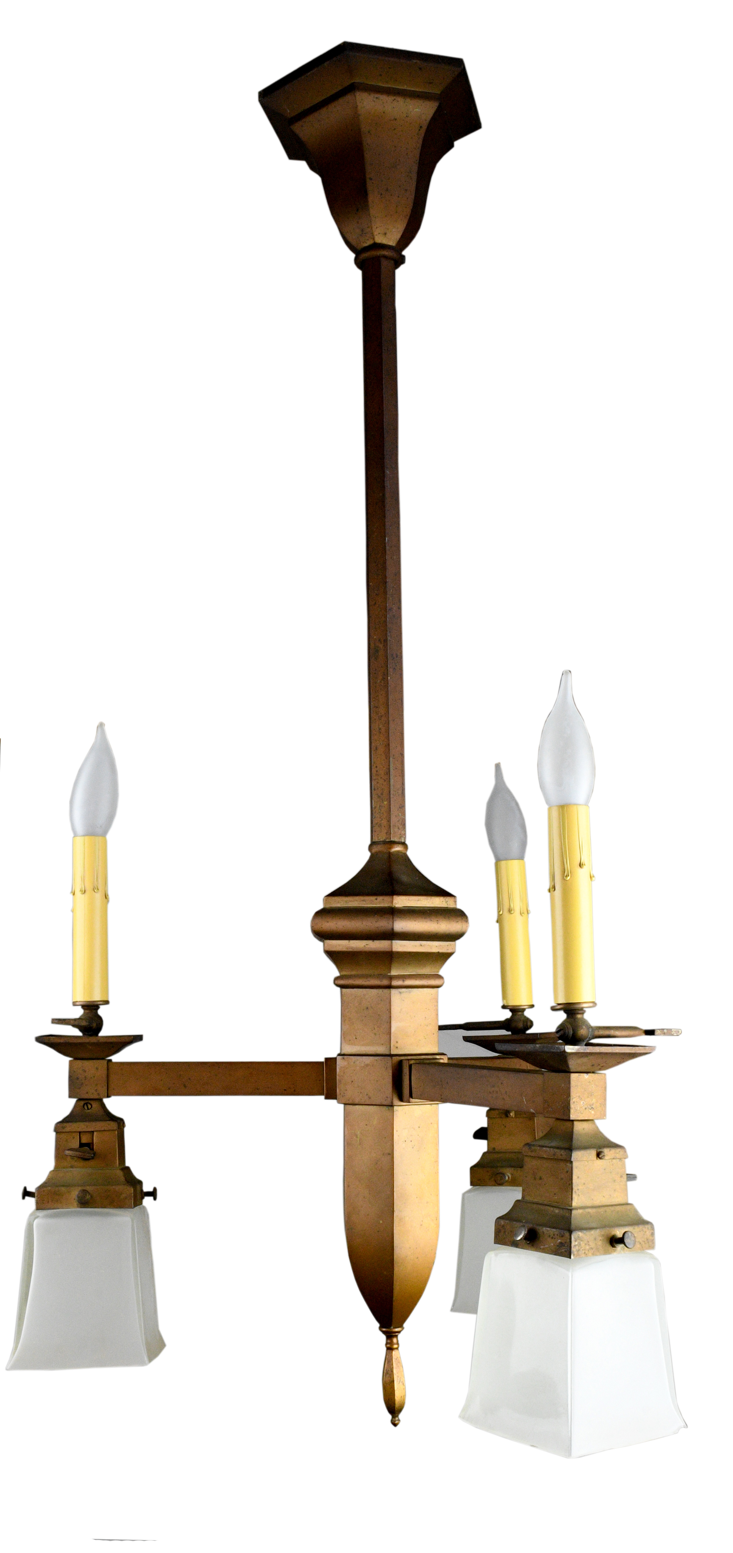 GAS AND ELECTRIC THREE-ARM ARTS AND CRAFTS BRASS CHANDELIERS Click here for more information