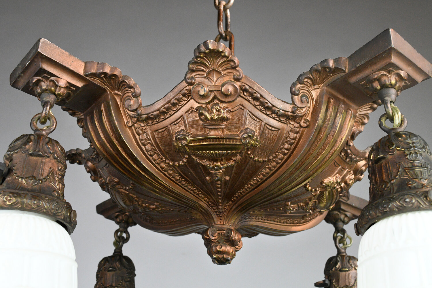 polished brass 4 arm chandelier with copper details — ARCHITECTURAL ANTIQUES