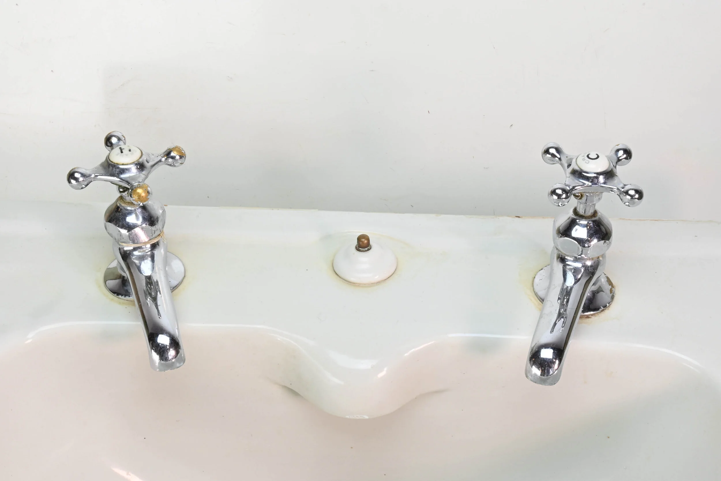 petite white porcelain pedestal sink original hardware by Eljer