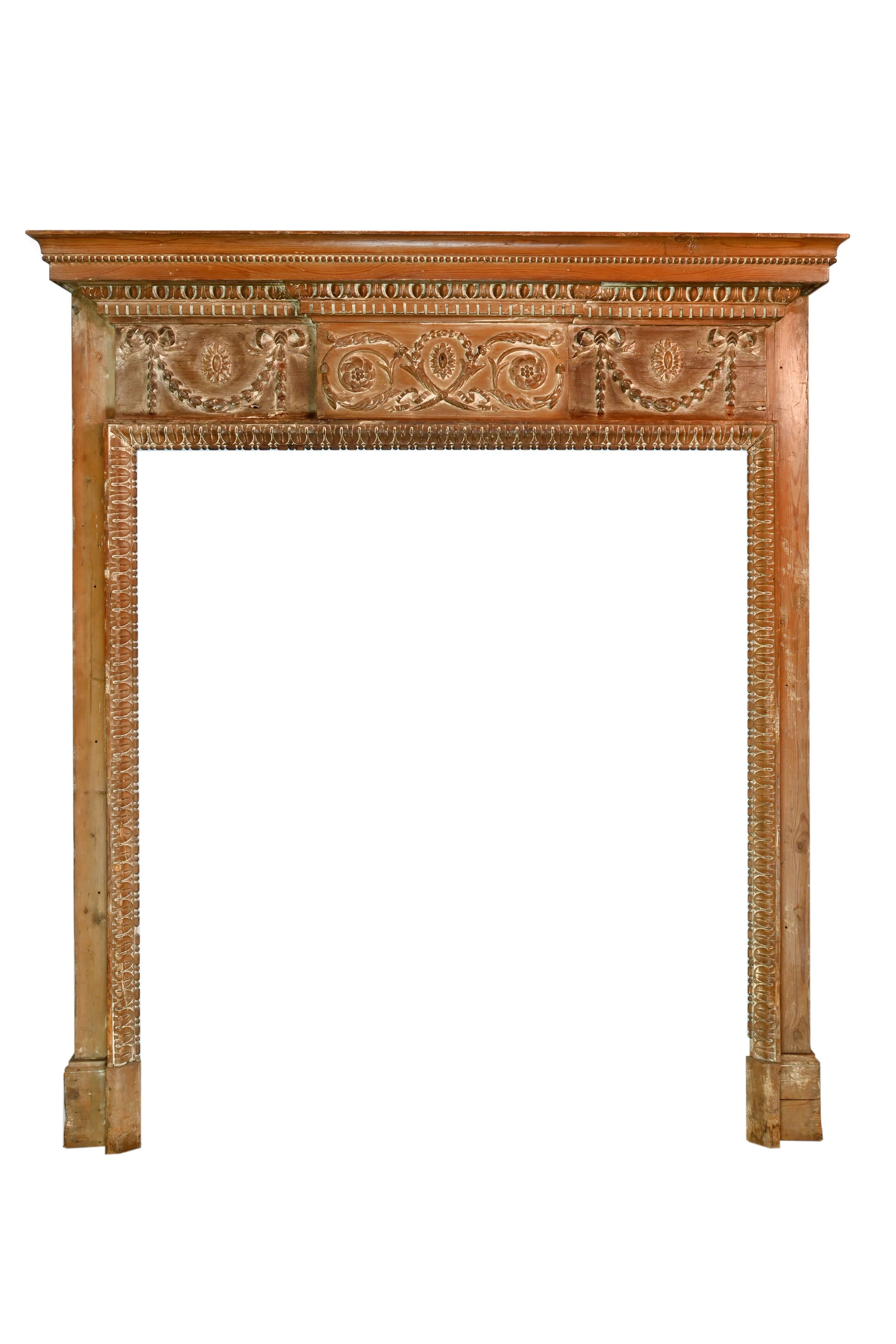 petite pickled pine mantel with carving — ARCHITECTURAL ANTIQUES