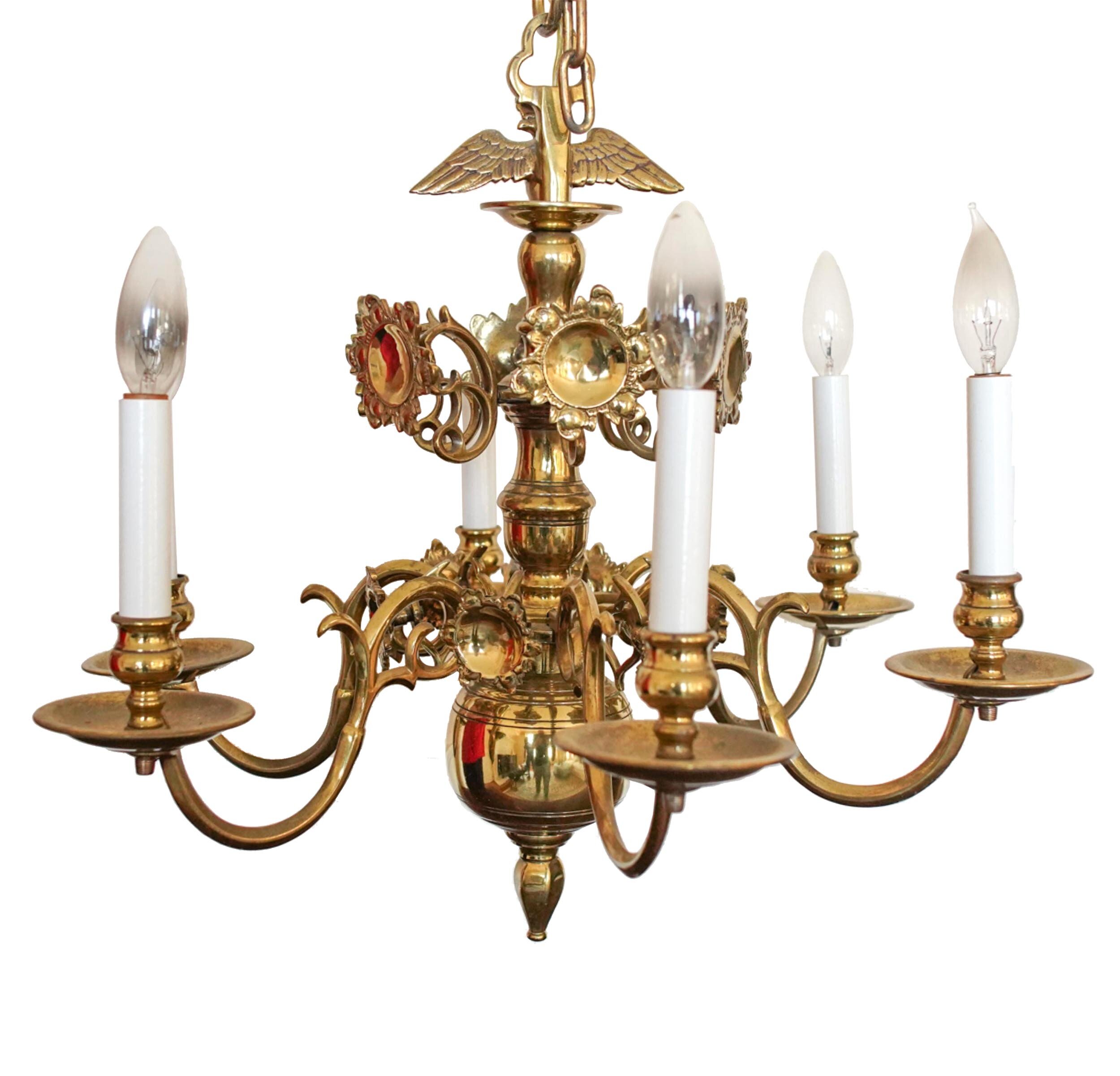 petite baroque brass six candle chandelier with eagle