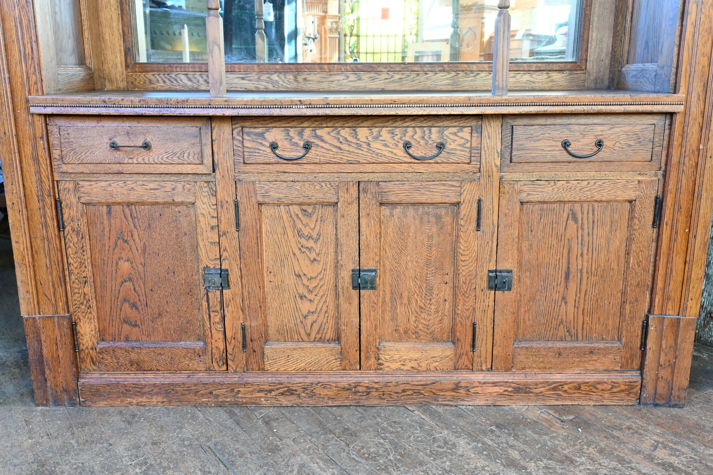 tall oak buffet with beaded trim and dentil details — ARCHITECTURAL ANTIQUES