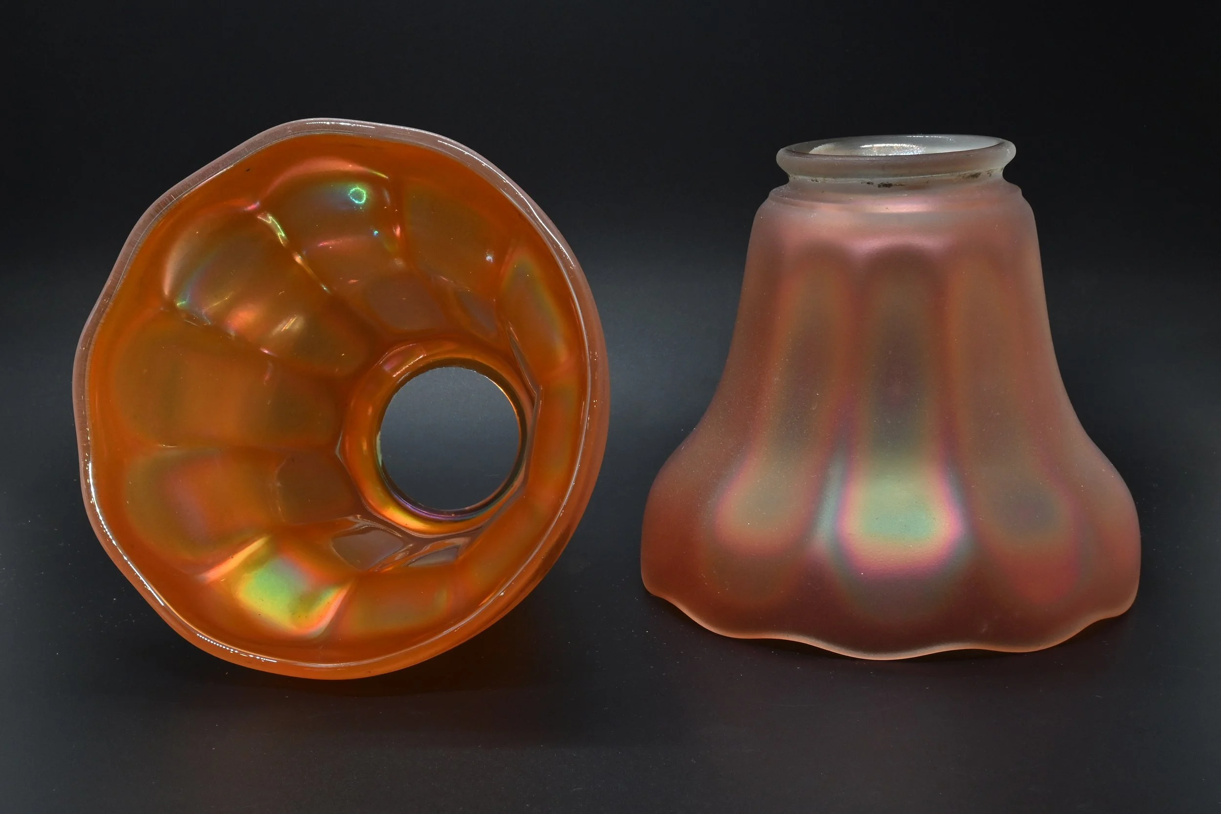 iridescent carnival glass fluted bell shades — ARCHITECTURAL ANTIQUES