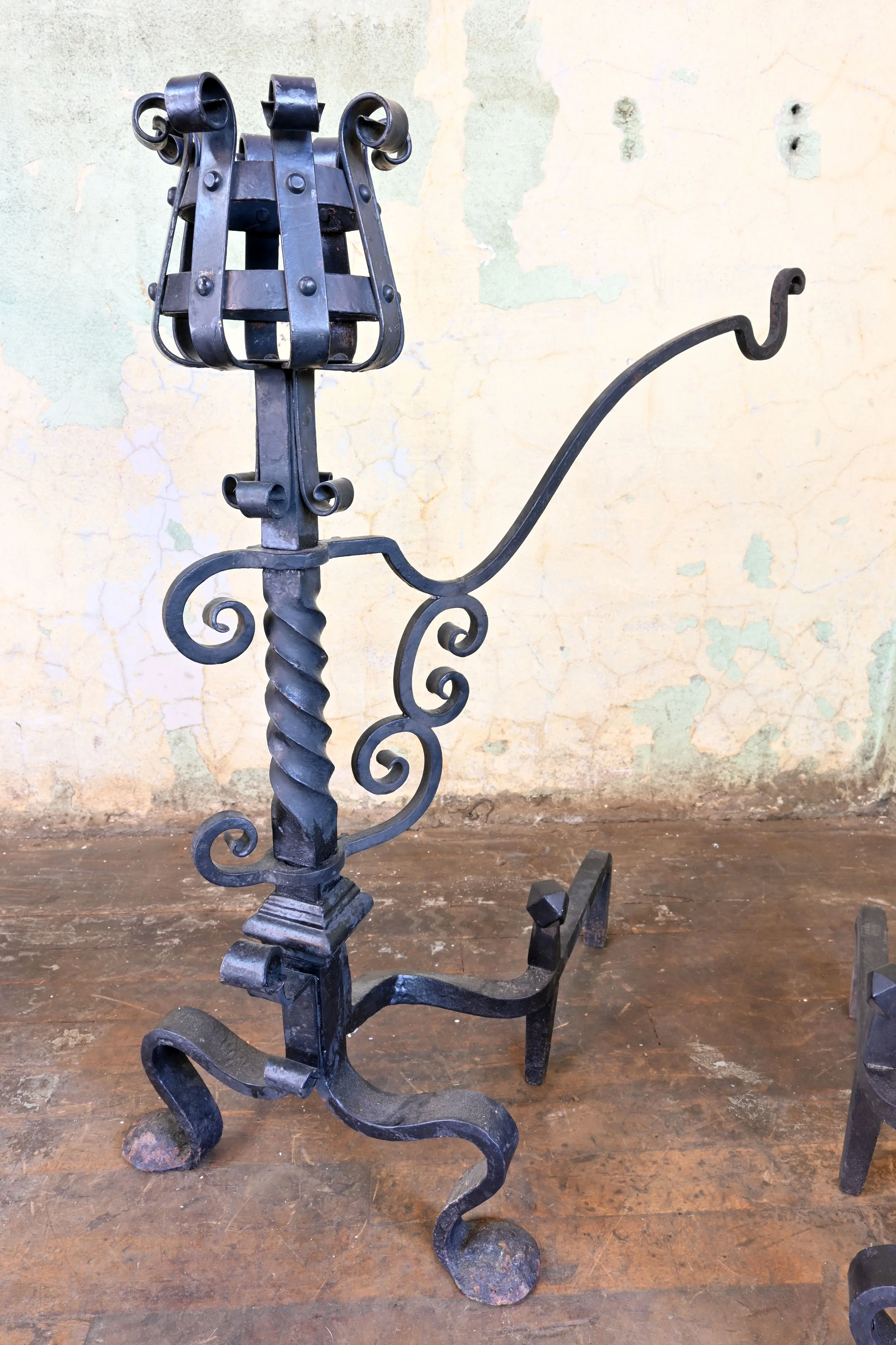 wrought iron andirons with pot hangers — ARCHITECTURAL ANTIQUES