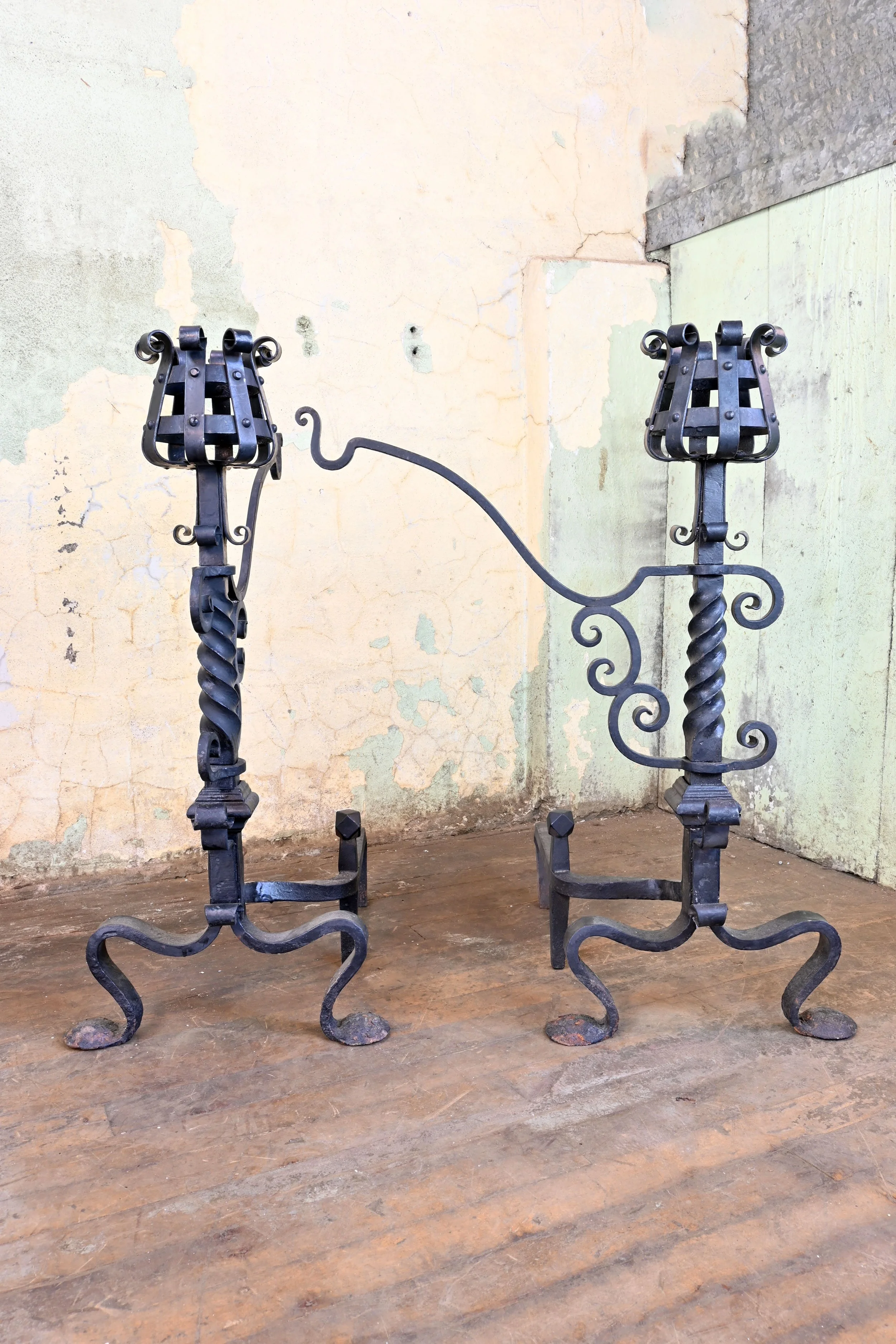 wrought iron andirons with pot hangers — ARCHITECTURAL ANTIQUES
