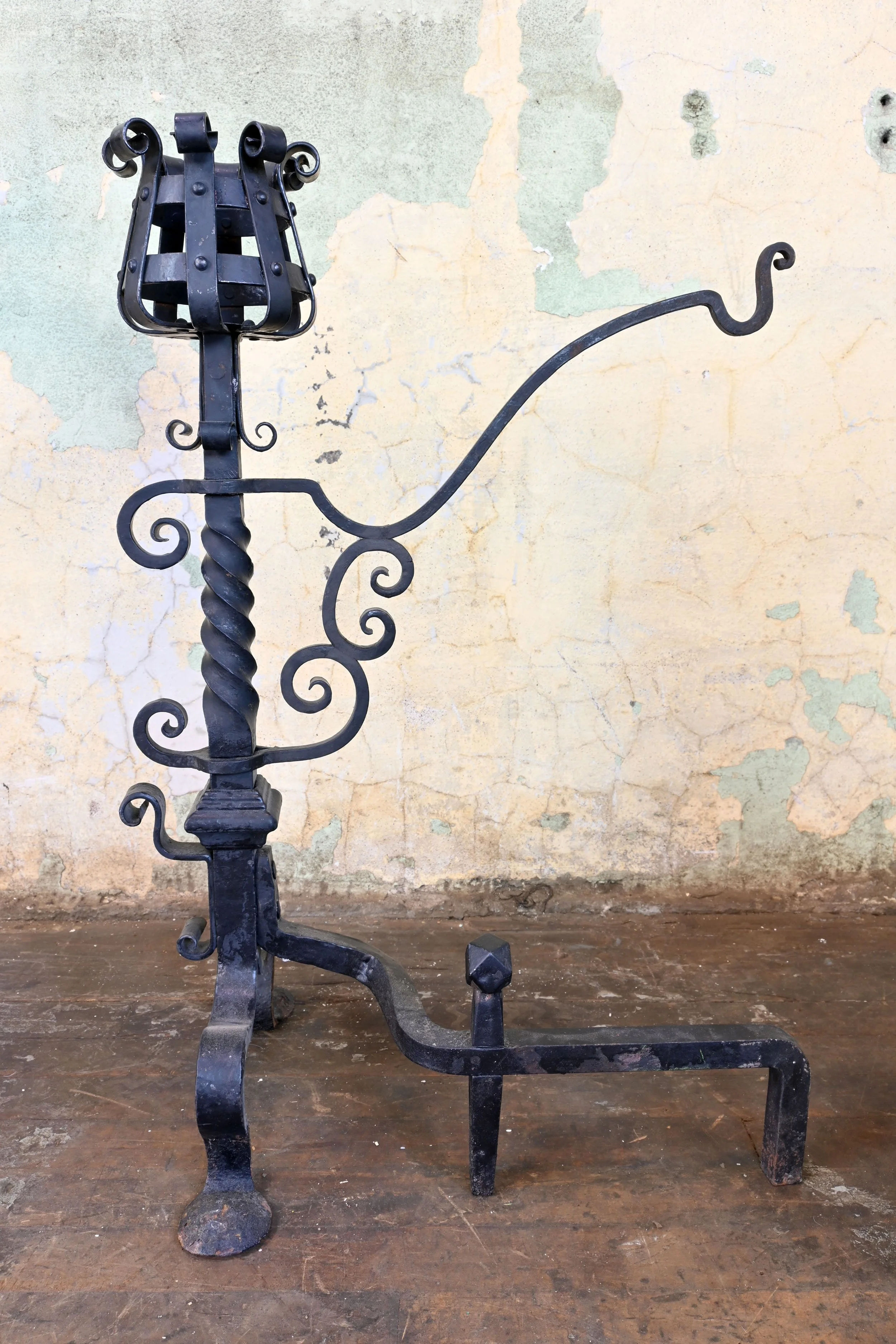 wrought iron andirons with pot hangers — ARCHITECTURAL ANTIQUES