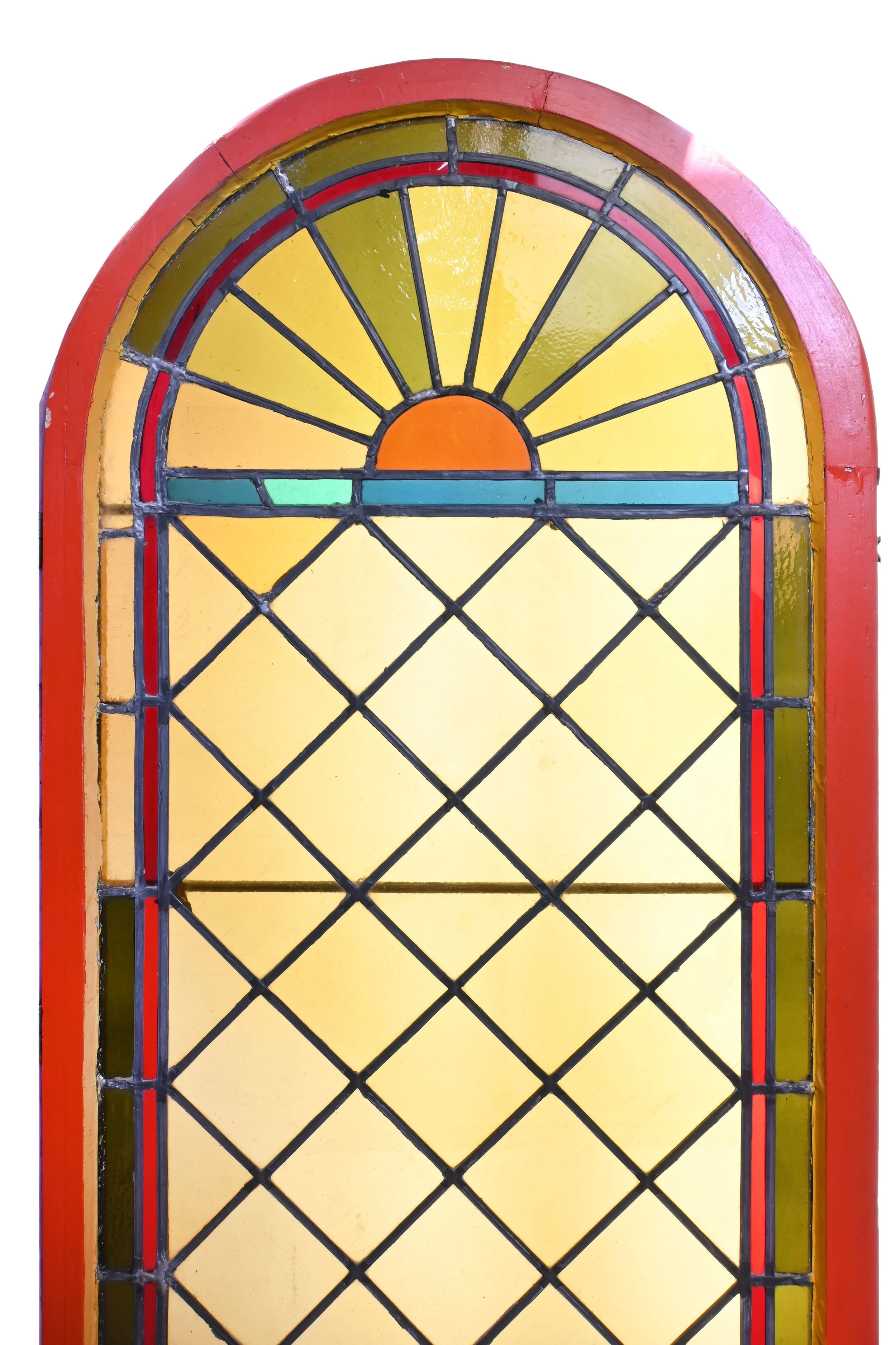 brightly colored sunburst stained glass window — ARCHITECTURAL ANTIQUES
