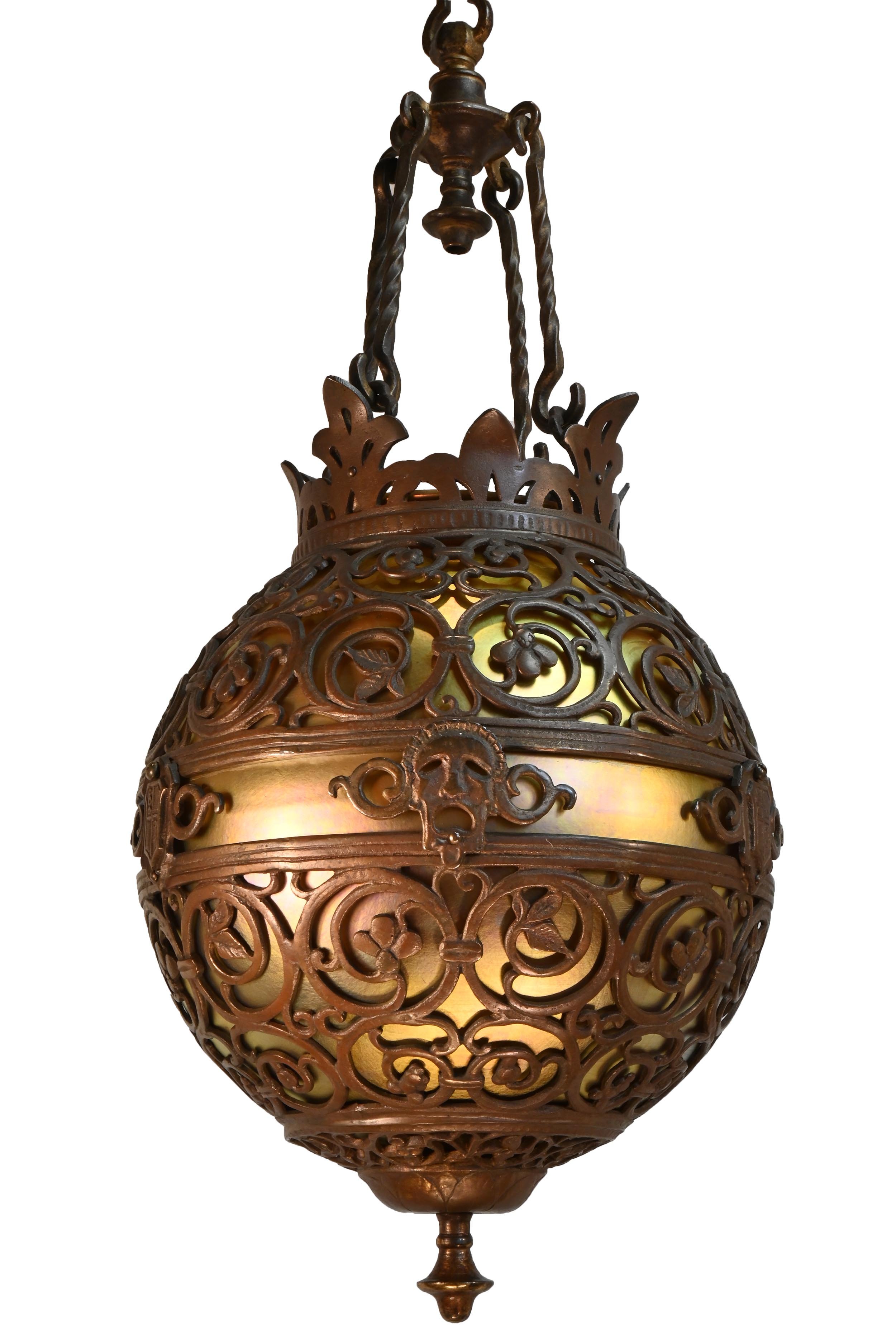 oscar bach designed bronze chandelier with american art glass