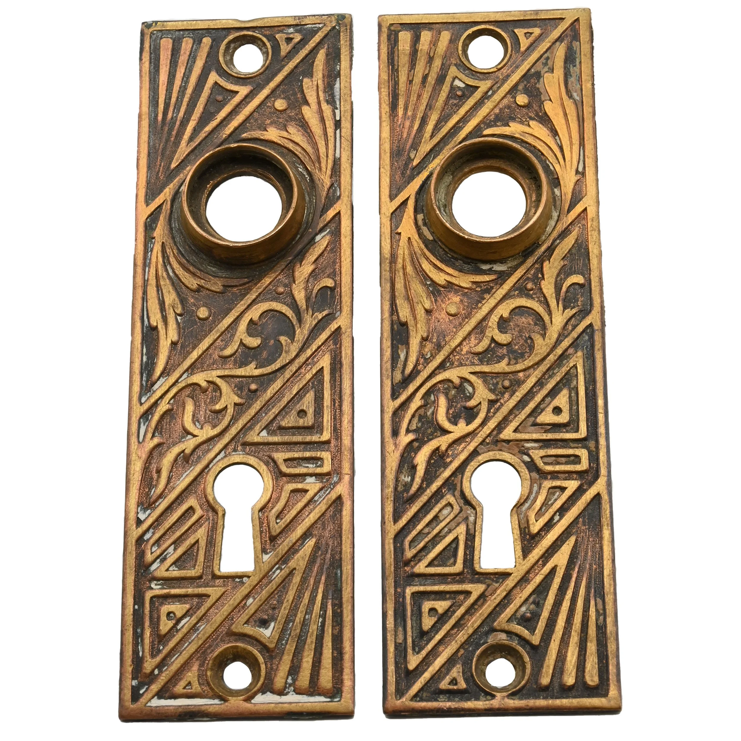 stamped brass geometric eastlake door plate pair — ARCHITECTURAL ANTIQUES