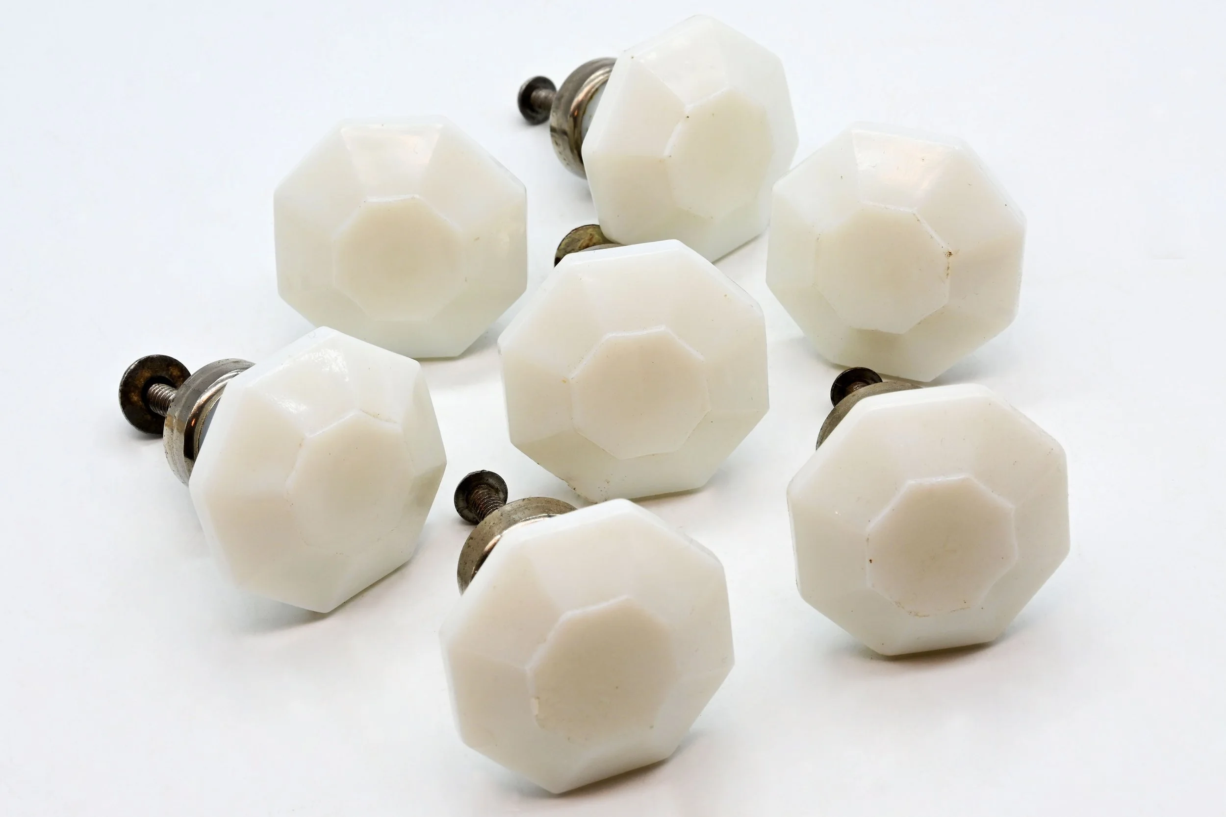 milk glass and nickel hexagonal knobs — ARCHITECTURAL ANTIQUES