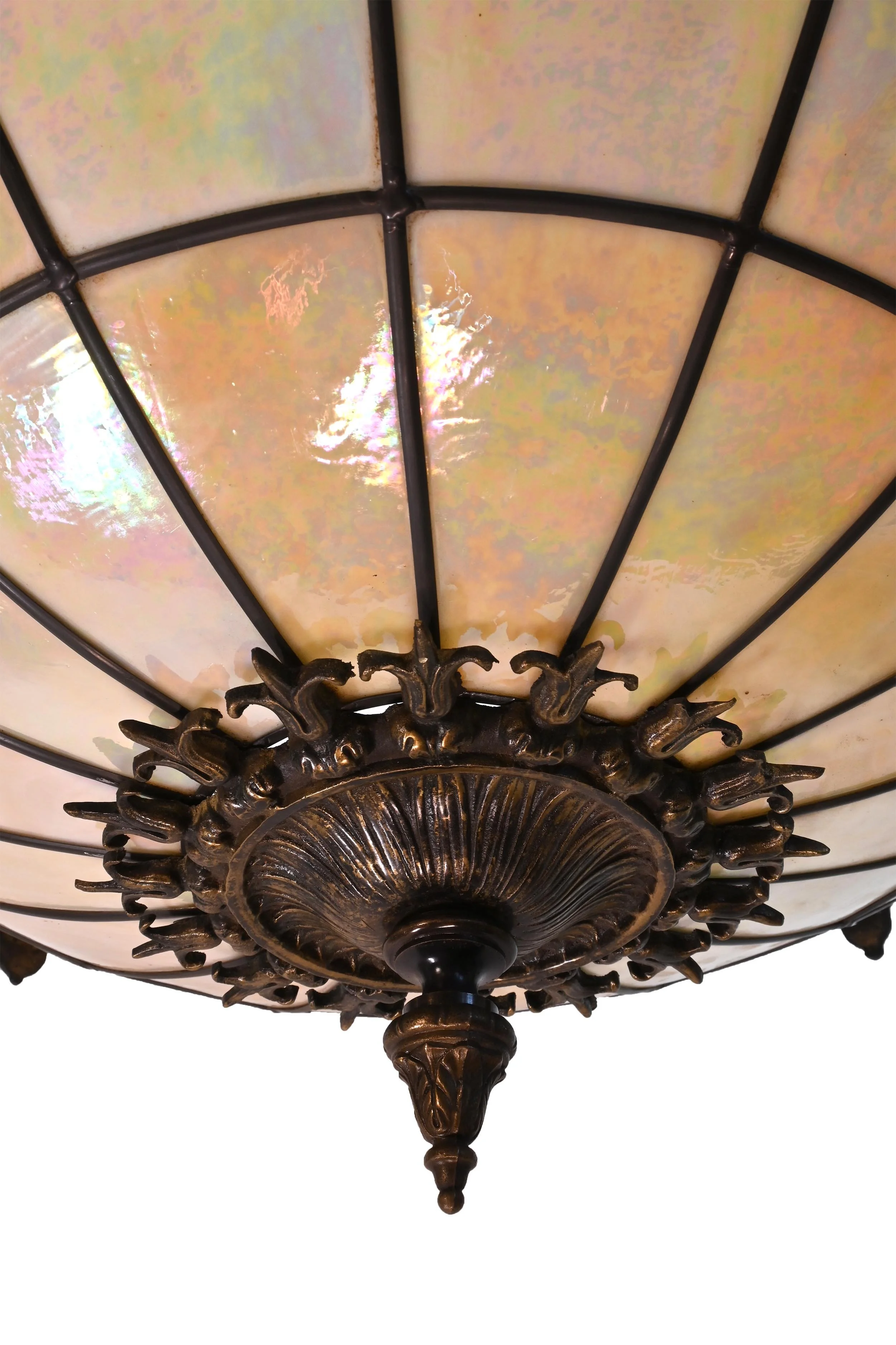 large cast brass bowl chandelier with leaded glass — ARCHITECTURAL ANTIQUES