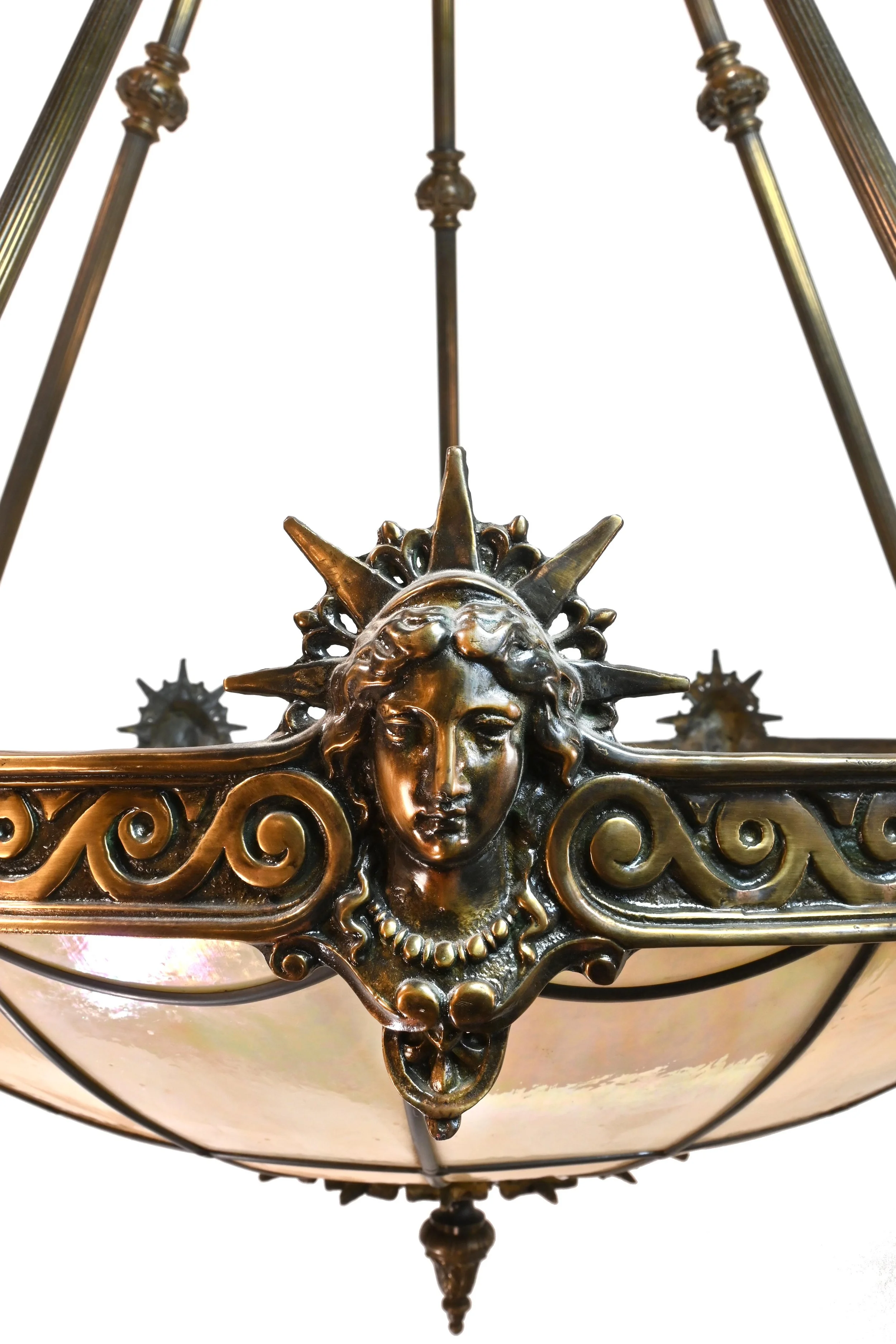 large cast brass bowl chandelier with leaded glass — ARCHITECTURAL ANTIQUES