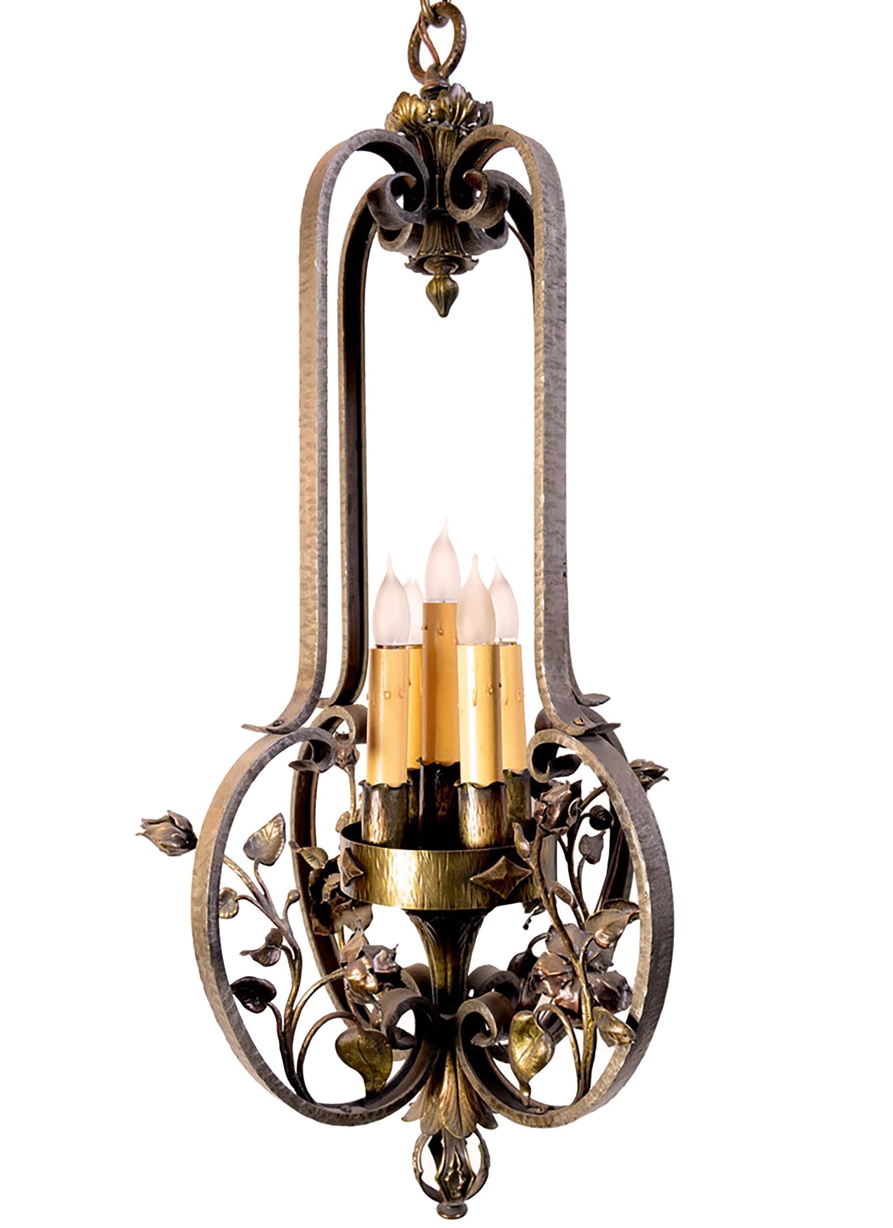 1910 bronze hand wrought roses &amp; iron pendant