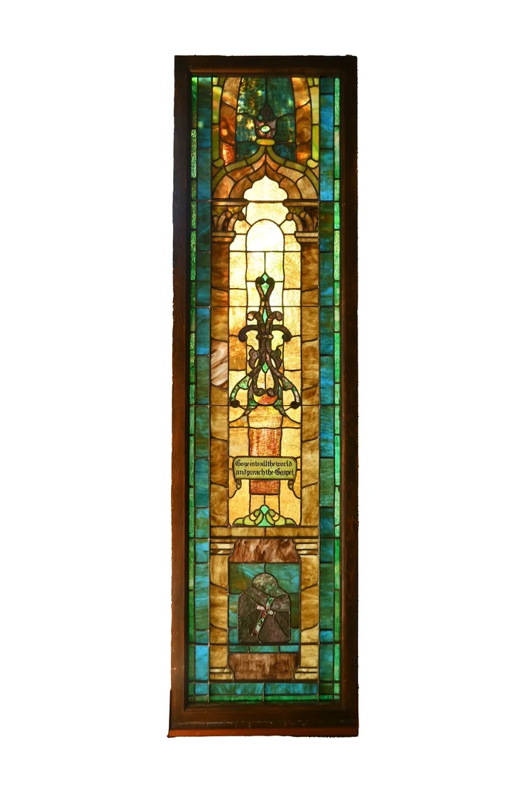 extra tall earth toned stained glass church window — ARCHITECTURAL 