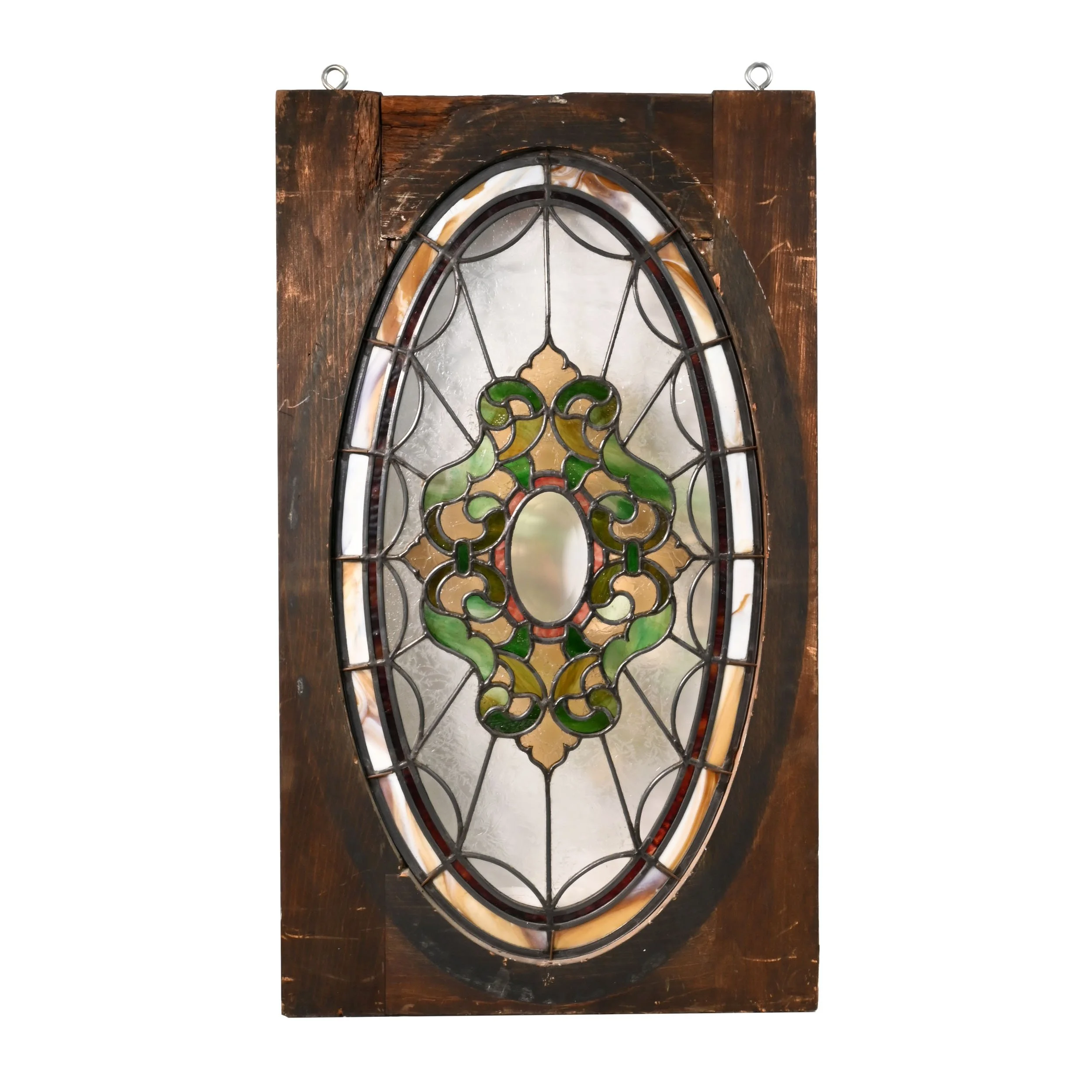 decorative oval window with green glue chip glass — ARCHITECTURAL ANTIQUES