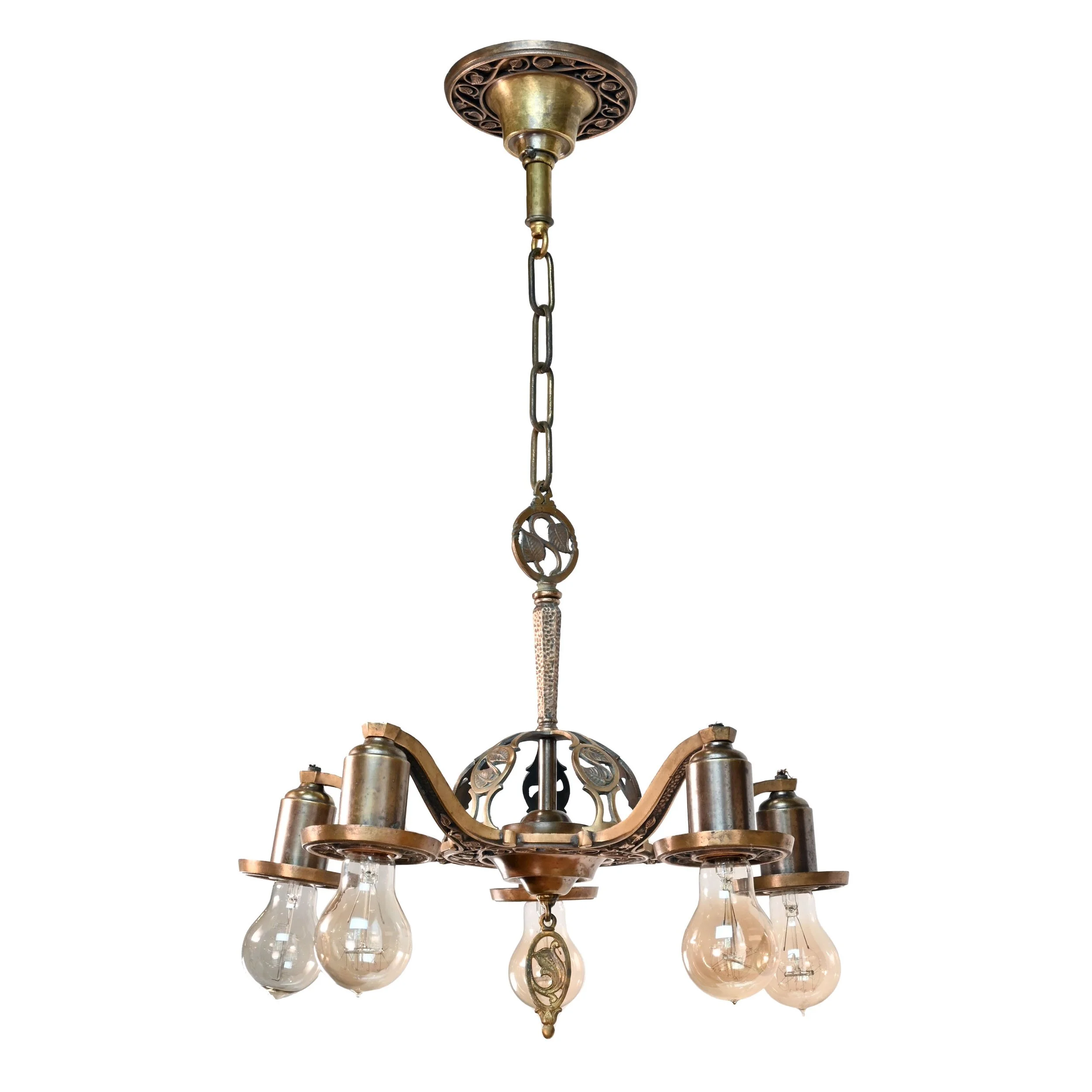 leafy brass five arm bare bulb chandelier — ARCHITECTURAL ANTIQUES