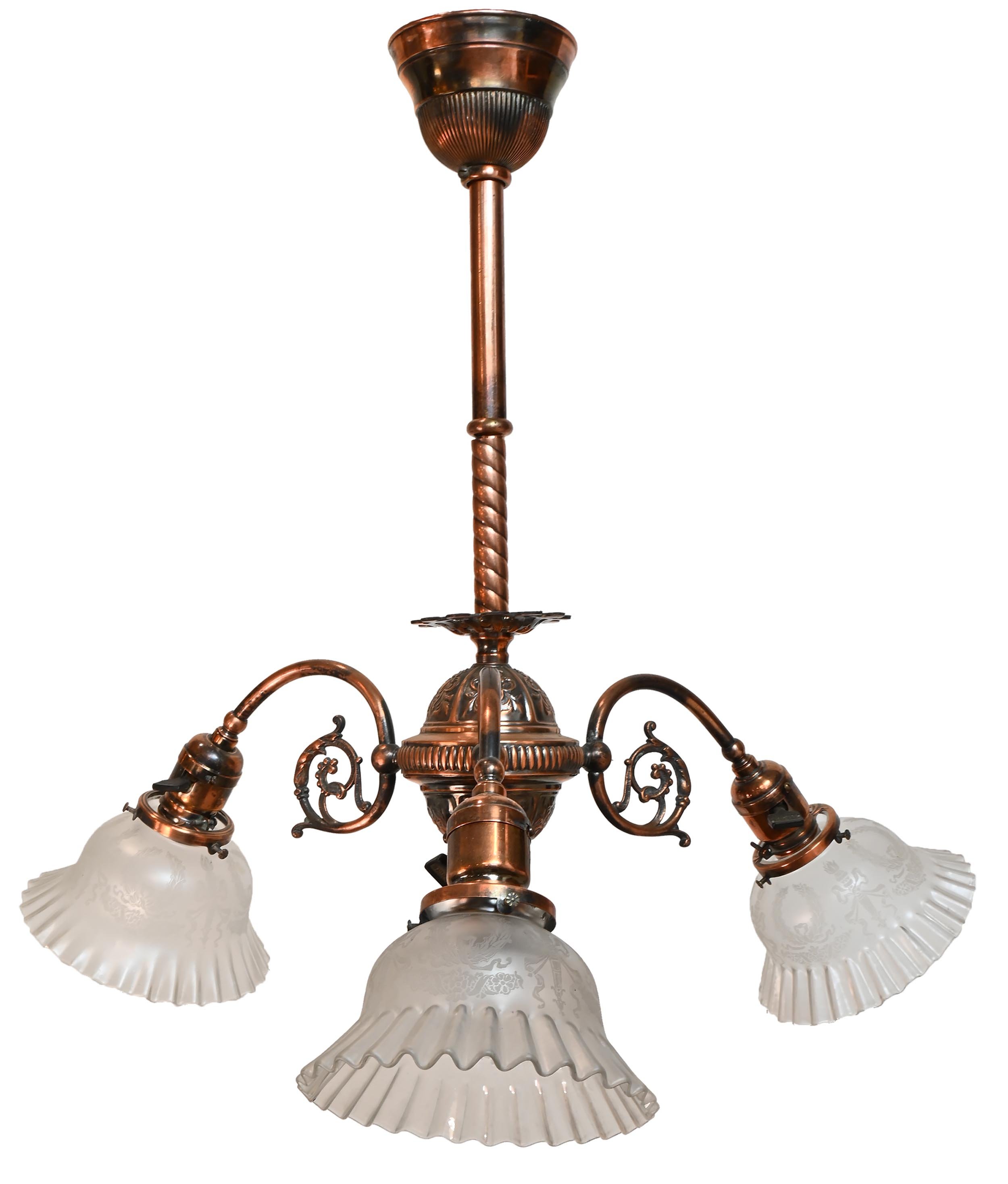 copper gilt &amp; satin 3 arm chandelier with japan finish and original shades