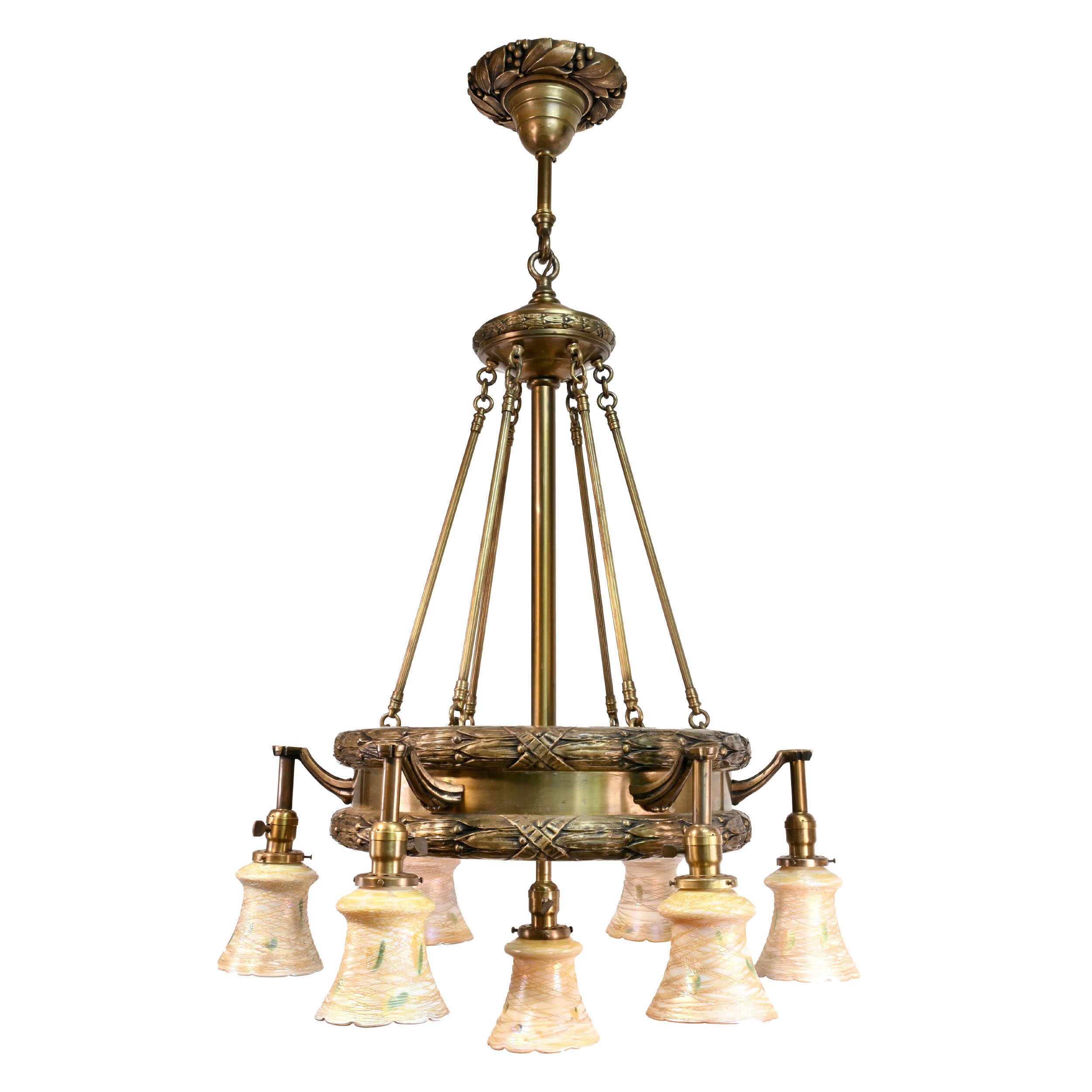 gold threaded glass american art glass shade on the 7 shade bronze chandelier