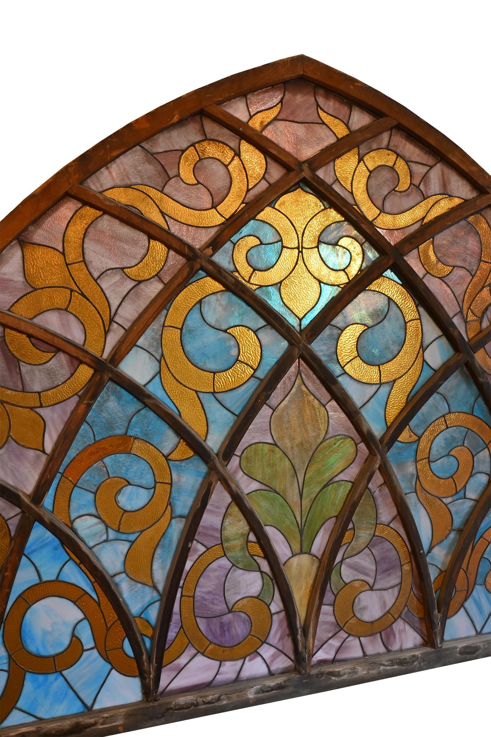 oversized stained leaded glass arch over ten feet wide