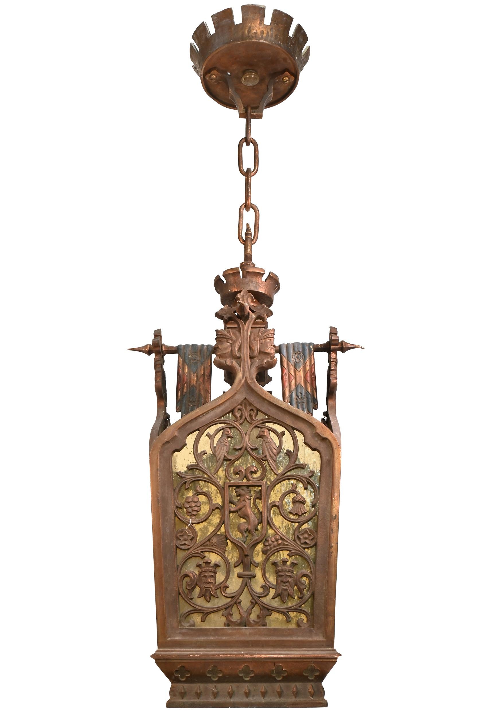 knightly bronze &amp; copper pendant with golden glass panels