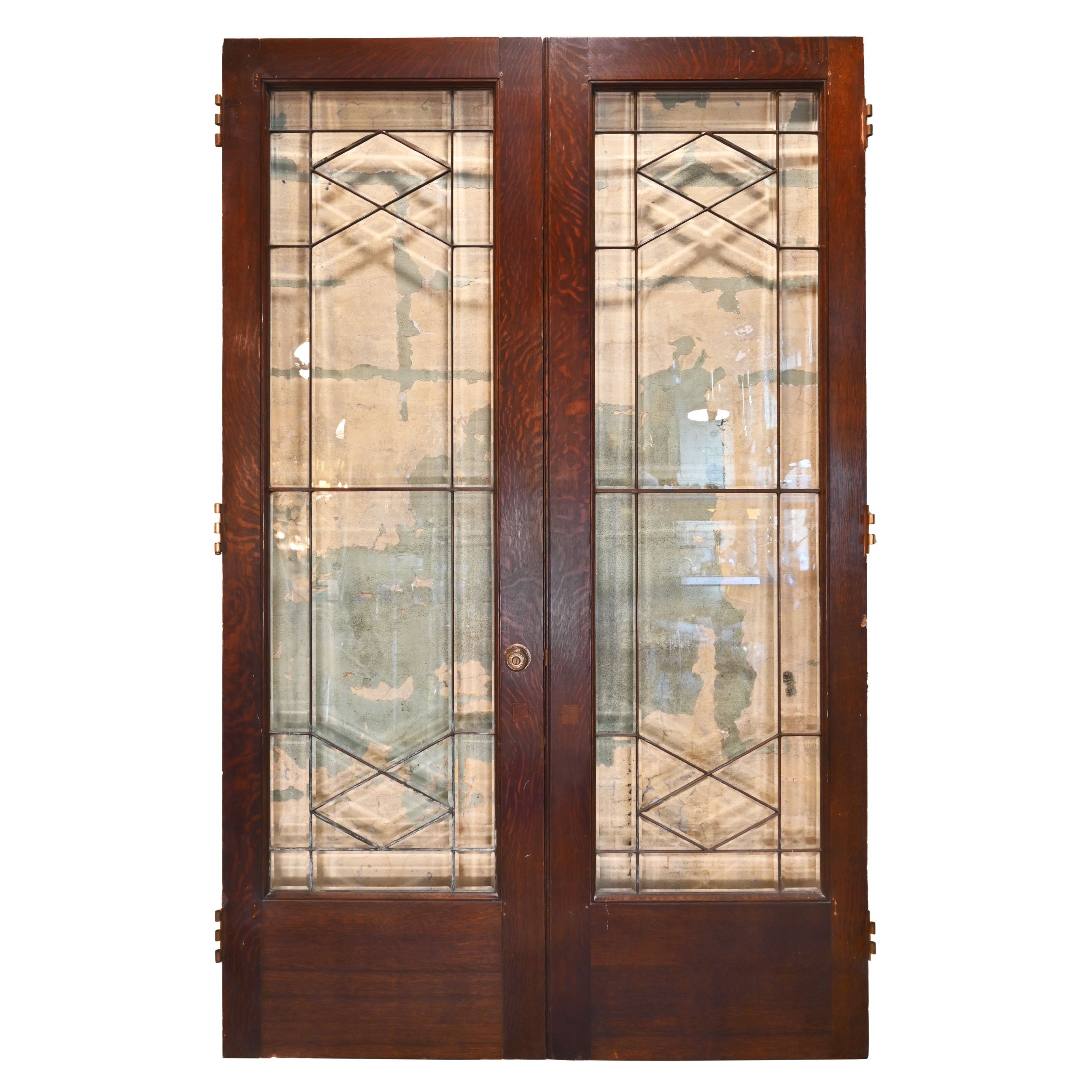 full sized dark oak french door set with leaded and beveled glass