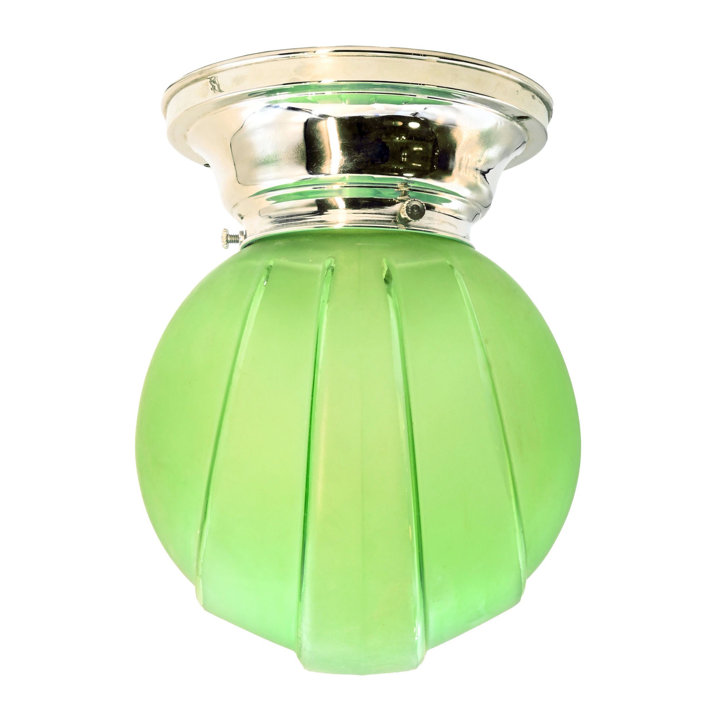 green deco globe on nickel flush ceiling fixture