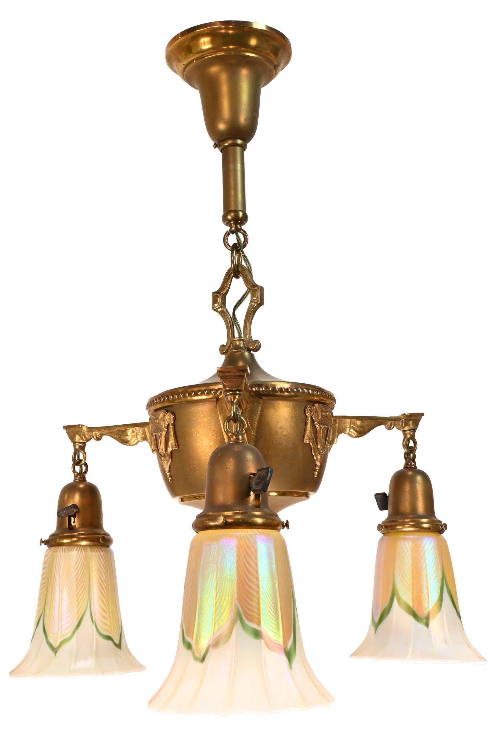 neoclassical brass three arm chandelier with quezal pulled feather shades