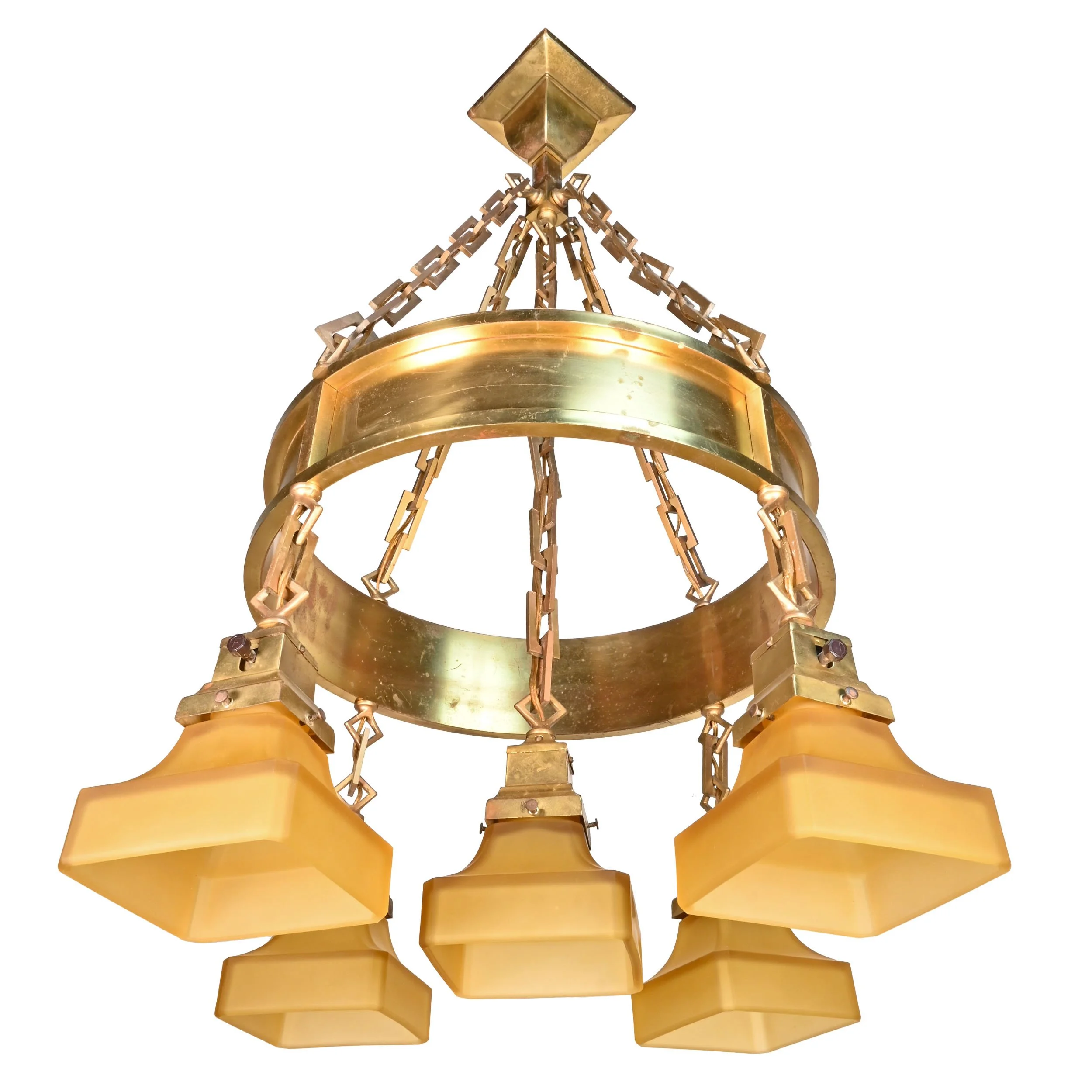polished brass ring chandelier with amber mission shades