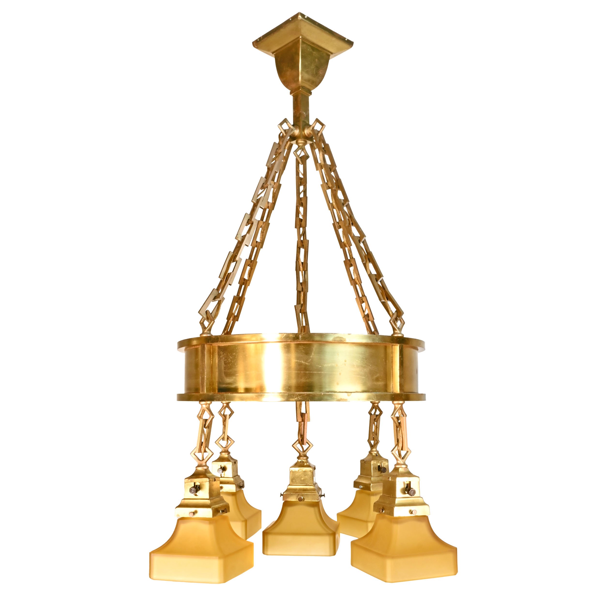 polished brass ring chandelier with amber mission shades