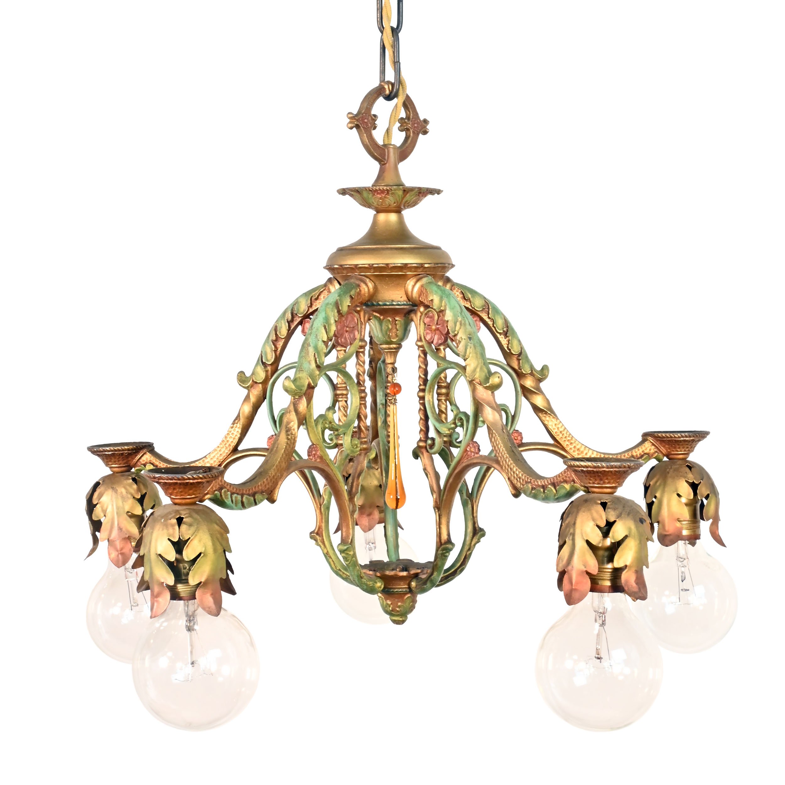 5 light bare bulb cast iron chandelier with original polychrome