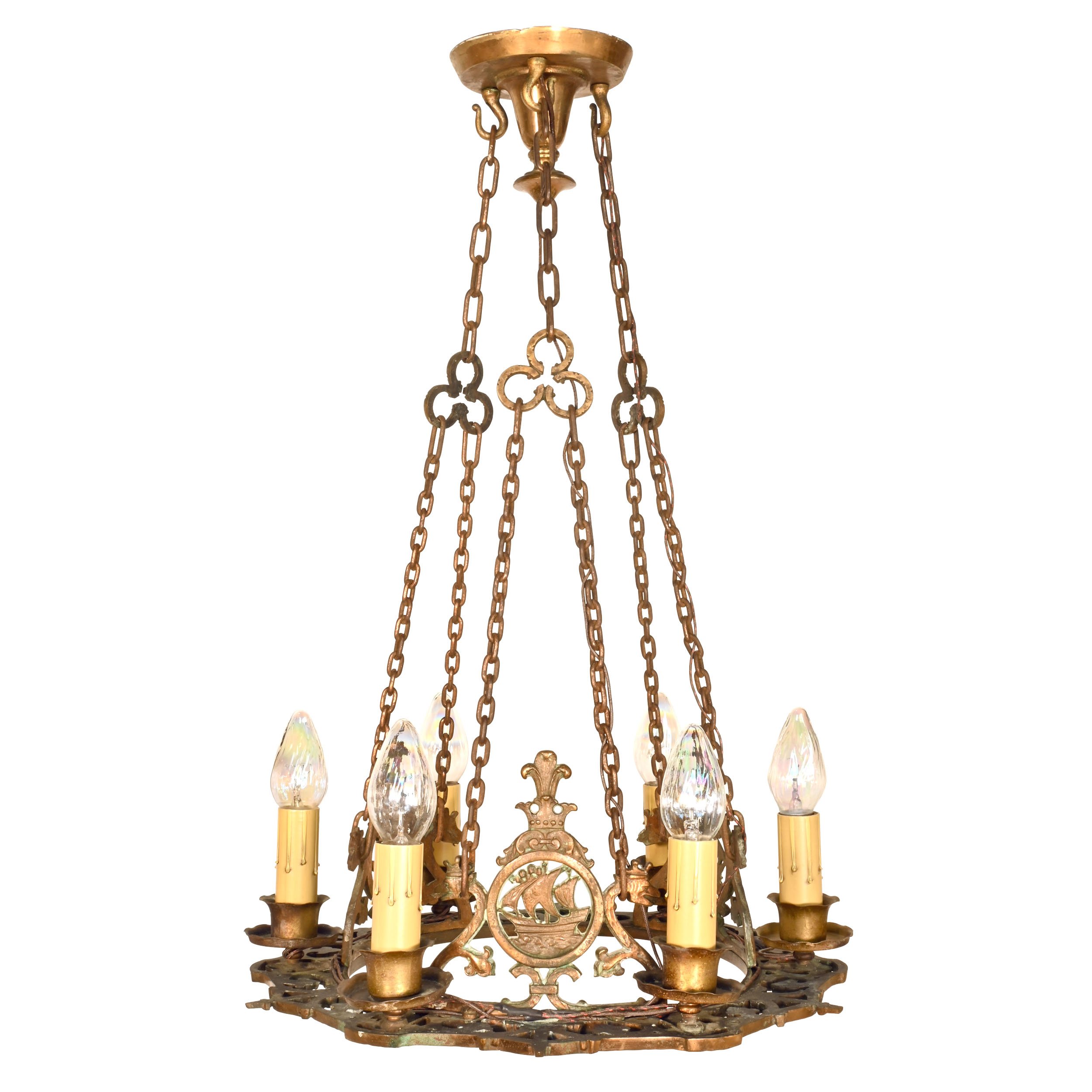 bronze six candle ring chandelier with ship and serpent motif 